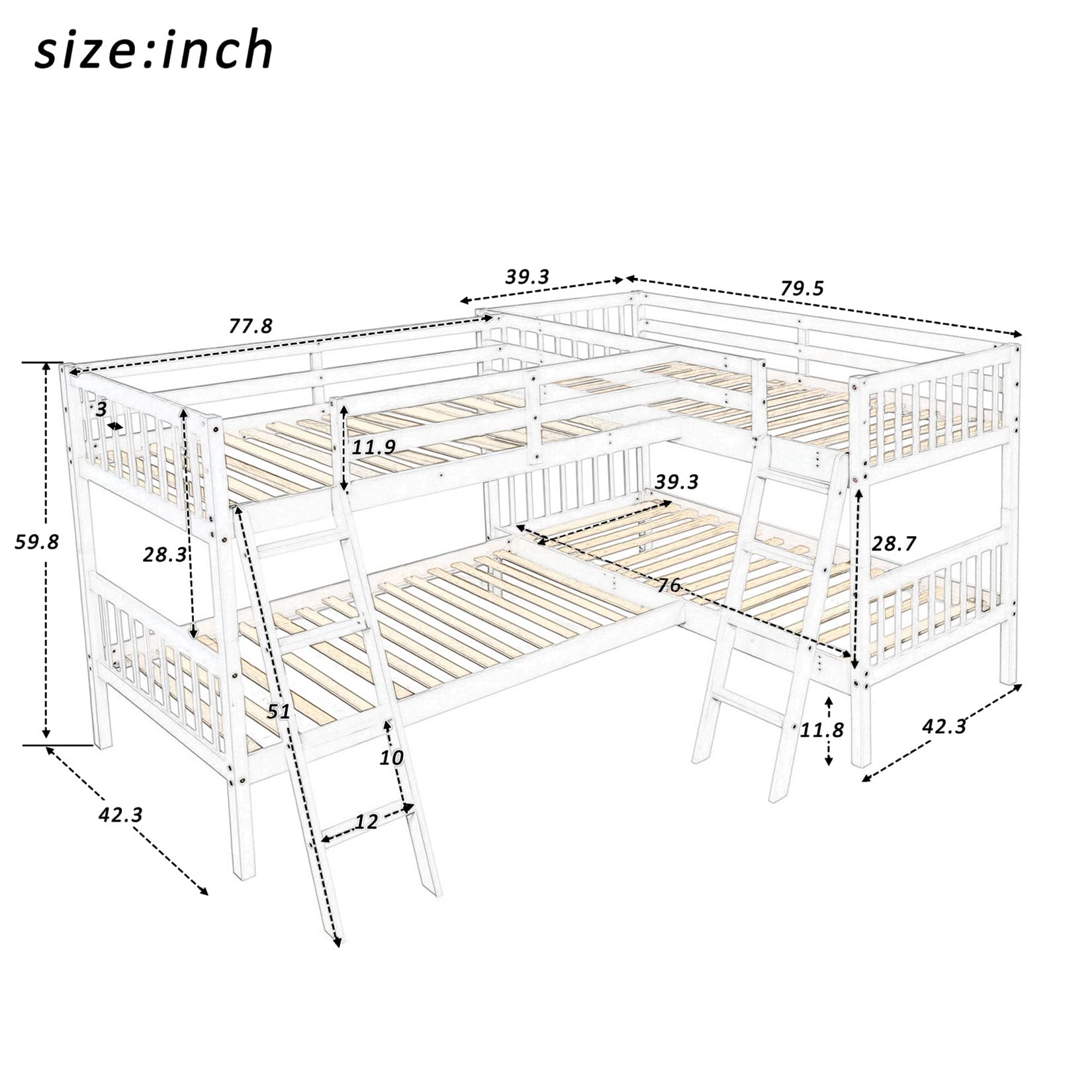 Twin Over Twin L-Shaped Wooden Quad Bunk Bed for 4 Kids - Space Saving Bunk Bed for Boys, Girls & Teens - White - Perfect for Kids' Bedrooms, Dormitories & Vacation Homes
