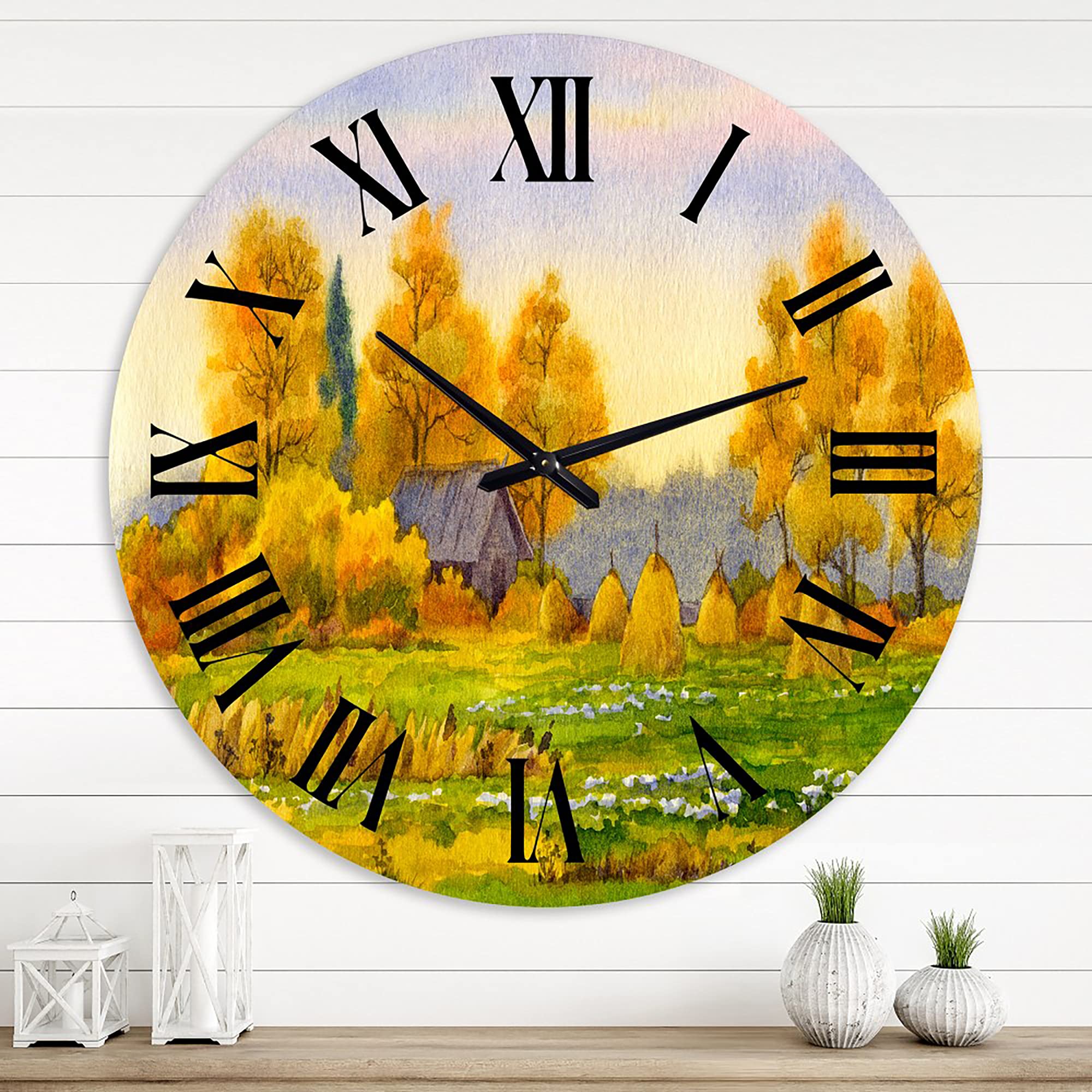 DesignQ Lake House Wall Clock 'Haystacks On Orange Fields II' - Large Landscape Nature Wall Clock for Home, Office & Cabin Decor - Perfect for Living Room, Bedroom or Country Style Interior