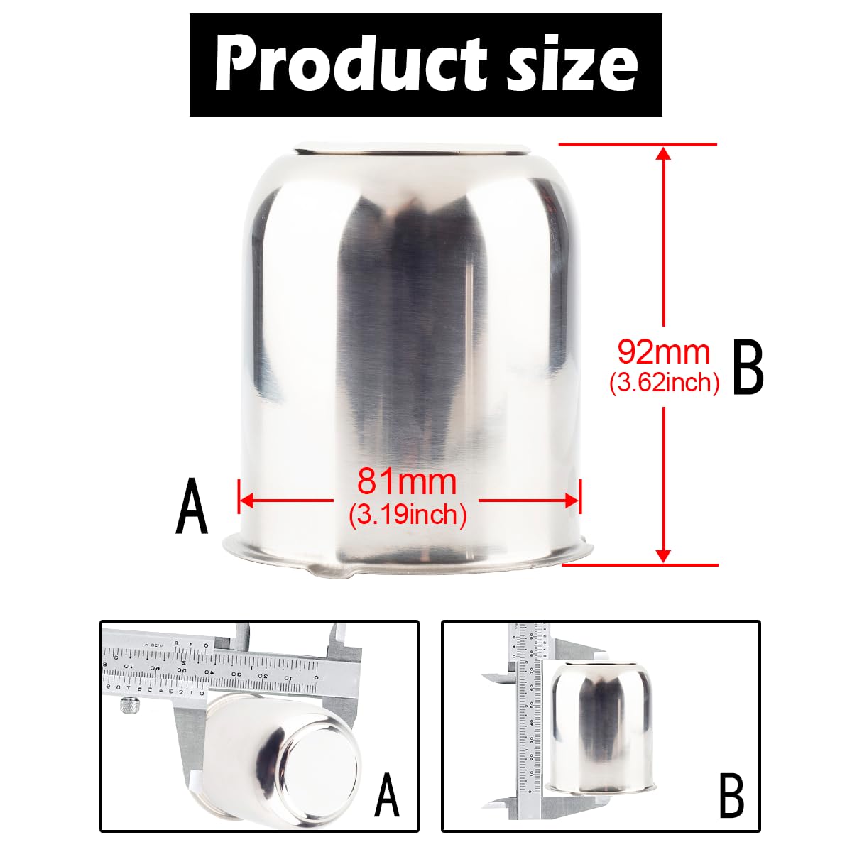 4Pcs 3.19 Inch Stainless Steel Trailer Wheel Center Caps - Push Through 3.19
