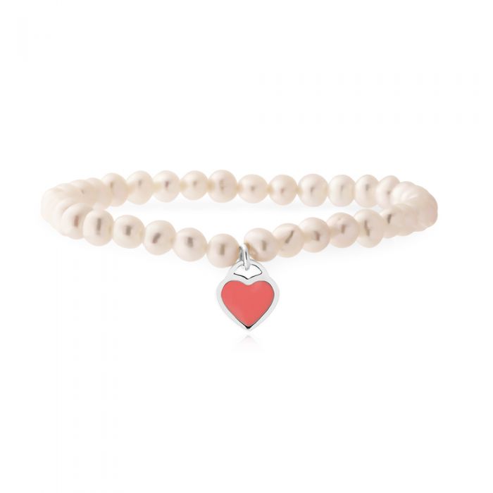 5.5mm White Freshwater Pearl Stretch Bracelet with Sterling Silver Pink Heart Charm - Elegant Jewelry for Women, Gift for Her, Perfect for Weddings, Parties & Everyday Wear