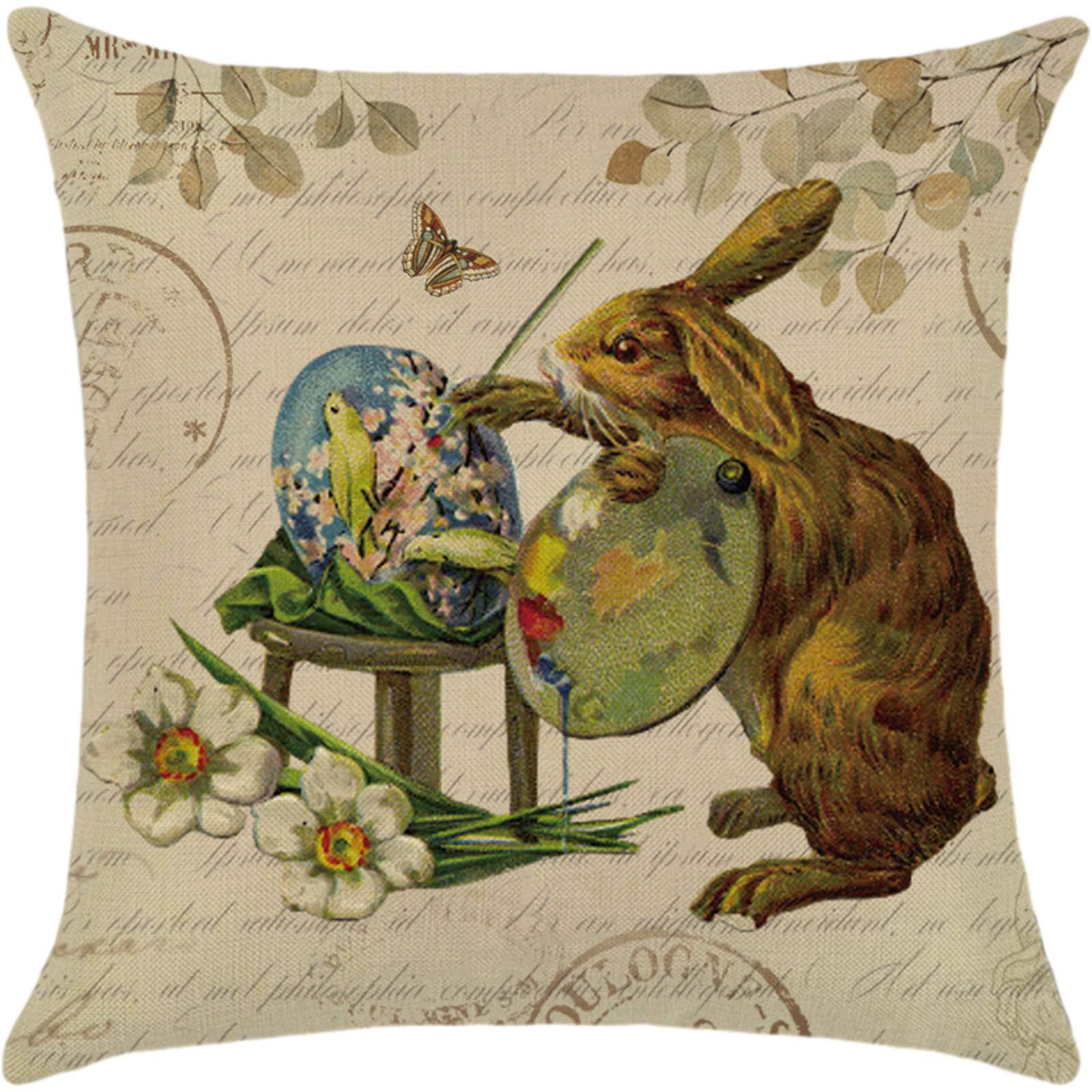 Happy Easter Bunny Farmhouse Pillow Covers 18x18 Inches - Easter Eggs Nest Cotton Linen Throw Pillow Cases for Sofa, Couch & Spring Home Decor | Perfect for Easter Decorations, Living Room Accents & Seasonal Home Styling