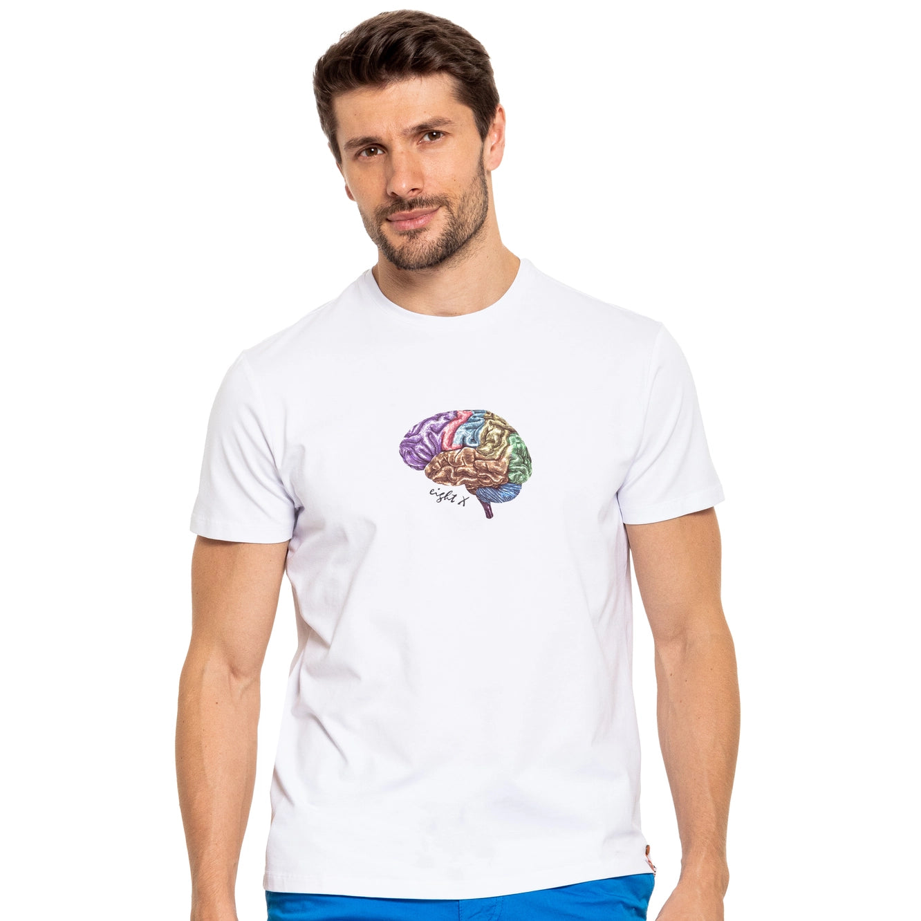 Eight X Brain Graphic T-Shirt for Men - White Cotton Tee for Casual Wear & Street Style