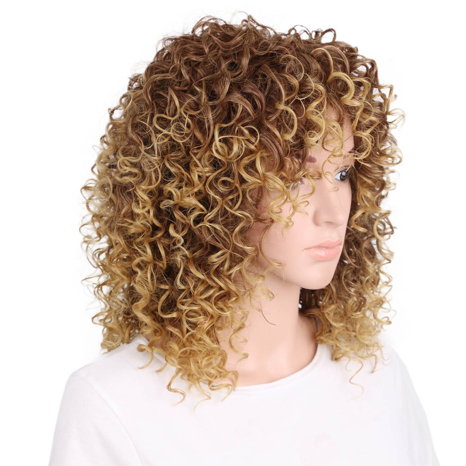 Short Kinky Curly Ombre Afro Wigs for Black Women - Synthetic Hair Wig with Wig Cap in Blonde & Brown Shades | Perfect for Cosplay, Halloween, and Daily Protective Styling