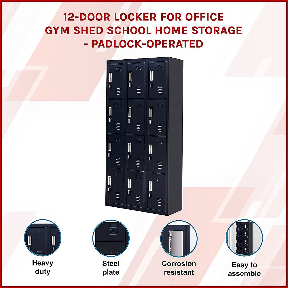 12-Door Locker Cabinet - Heavy Duty Steel Storage for Office, Gym, School & Home - Secure Padlock Operated - Perfect for Employee Storage, Sports Equipment & Personal Belongings
