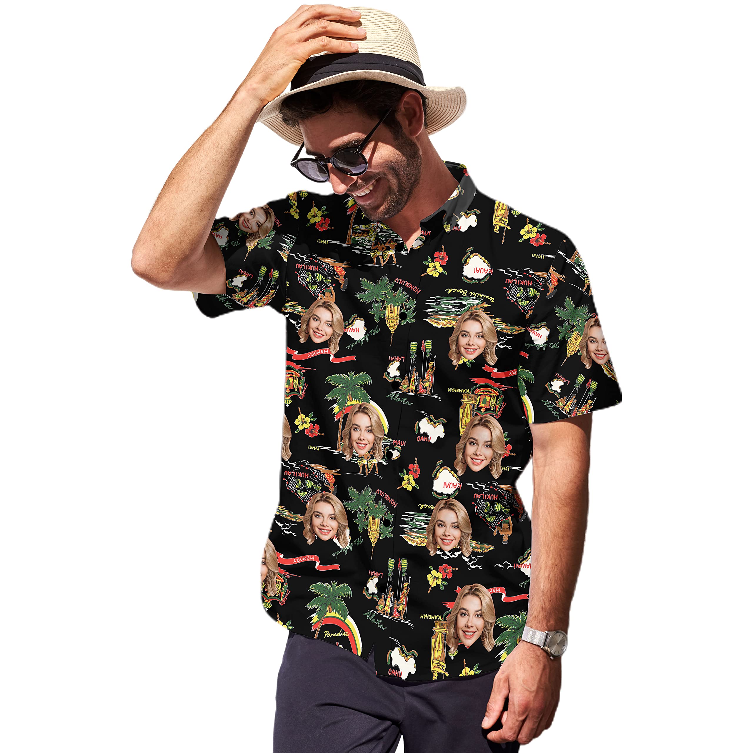 Custom Hawaiian Shirt for Men - Personalized Tropical Floral Aloha Shirt with Face Print | Summer Beach Party, Vacation, Luau & Casual Wear