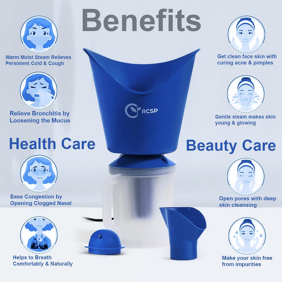 3-in-1 Steam Vaporizer for Cold & Cough Relief - Facial Sauna Steamer with Nozzle Inhaler for Sinus, Spa & Skin Care - Portable Home Steam Therapy Device (Blue) | Perfect for Allergy Season, Dry Skin & Respiratory Comfort