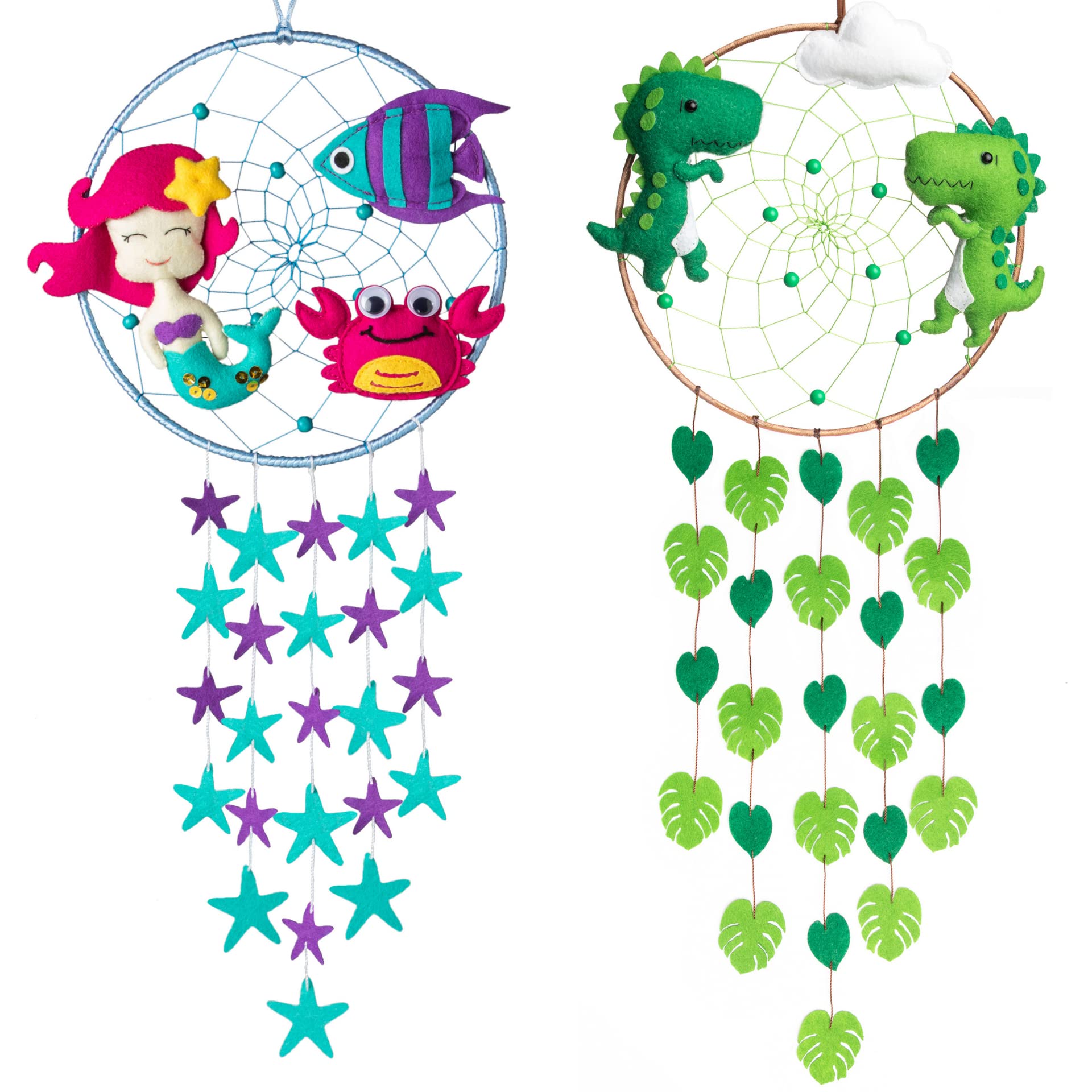 Handmade Dinosaur and Mermaid Dream Catcher Set for Kids - Nursery Room Decor for Boys & Girls - Perfect for Bedroom, Birthday Gifts and Themed Parties