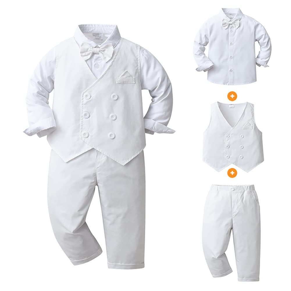 IDOPIP Toddler Boys Fall Winter Outfits - Long Sleeve Shirt with Bowtie, Vest Waistcoat & Overalls Set | Warm Dressy Clothes for Baby Boys 1-3 Years | Perfect for Holidays, Parties & Family Photos