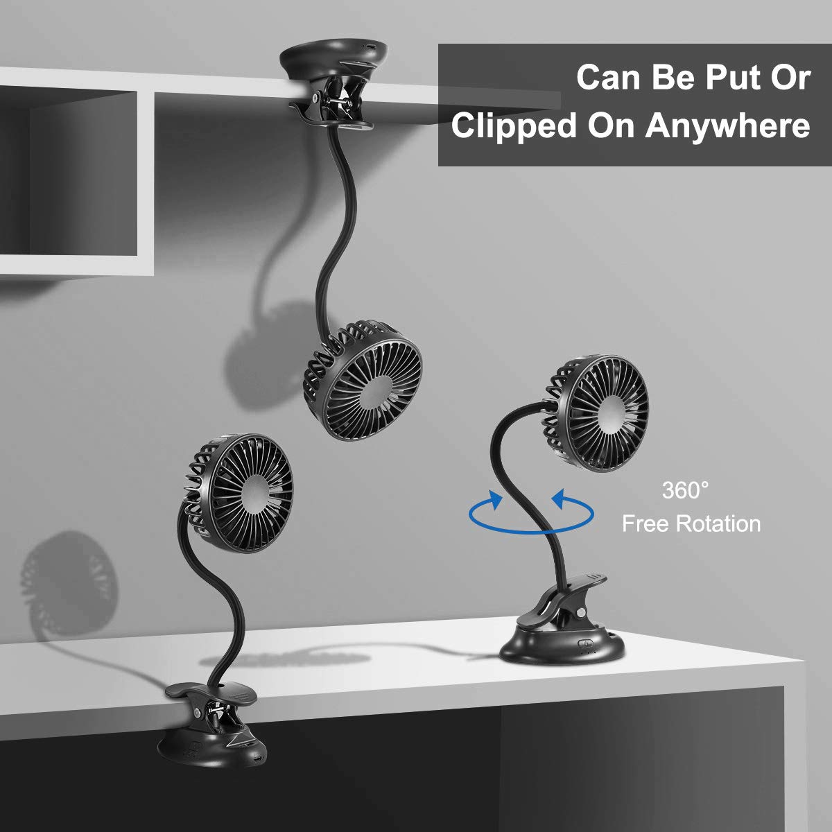 USB Clip on Mini Fan - Rechargeable Battery Operated Desk Fan with Emergency Power Bank, 3 Speed Adjustable Flexible Neck - Perfect for Baby Stroller, Beach, Car, Camping, Dorm, Bed & Office (Black)