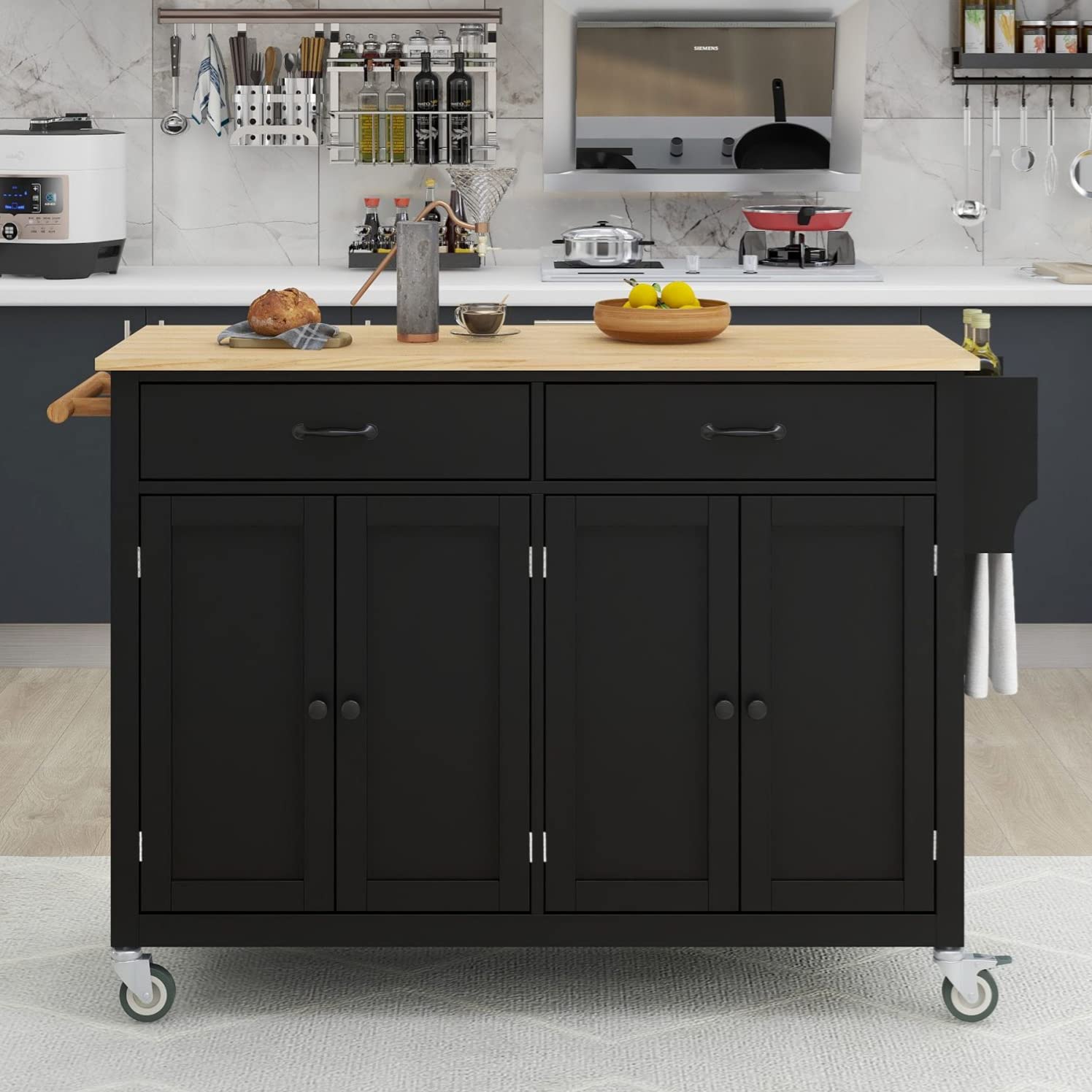 Premium Kitchen Island Cart with Storage - Solid Wood Countertop, 4-Door Cabinet & 2 Drawers, Towel Rack & Spice Rack - Mobile Kitchen Trolley with Wheels (Black) - Perfect for Small Kitchens, Food Prep, and Extra Counter Space