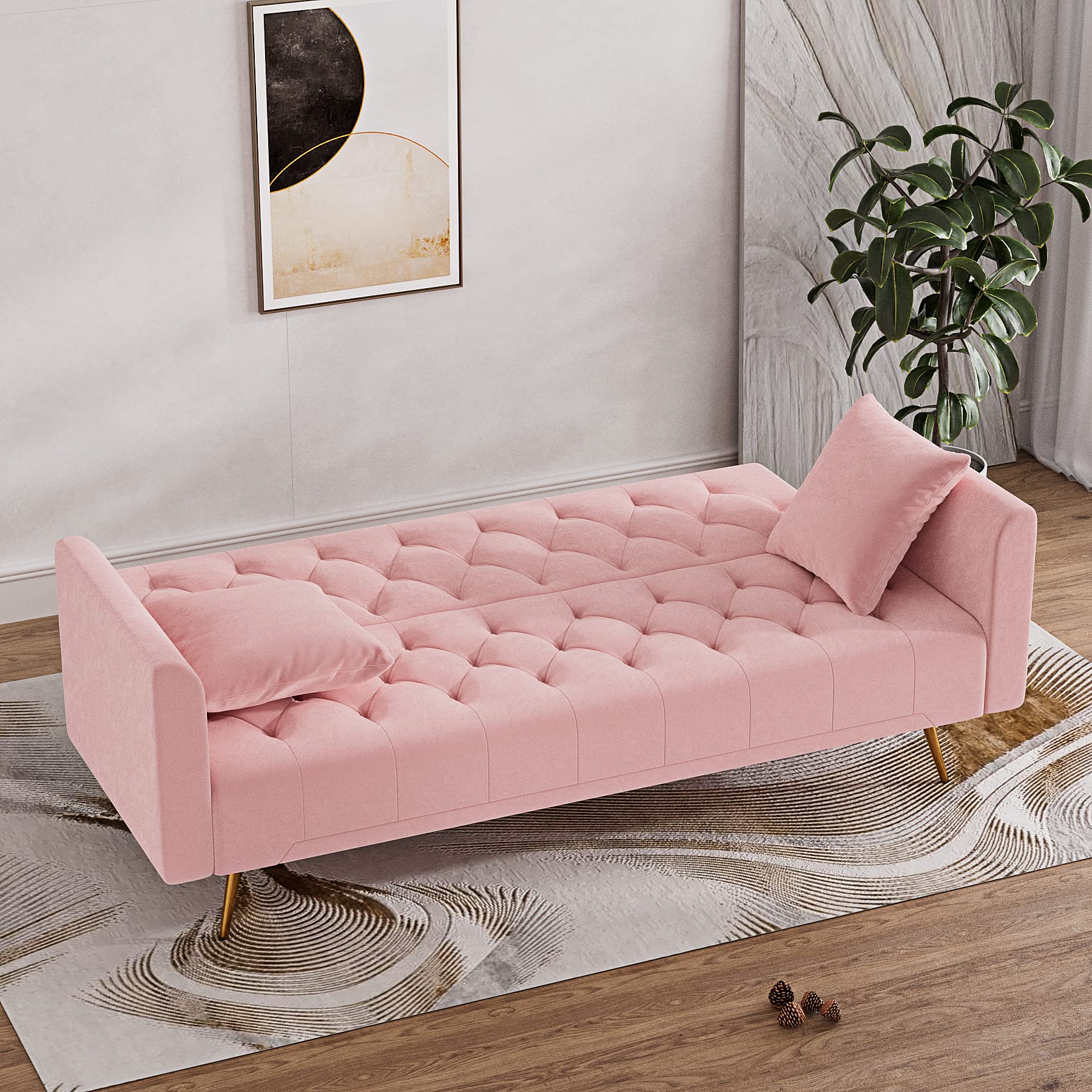OUYESSIR 71-inch Velvet Convertible Futon Sofa Bed with 2 Pillows - Pink Sleeper Couch for Small Spaces, Living Room & Bedroom - Modern Comfort for Apartments, Dorms & Guest Rooms