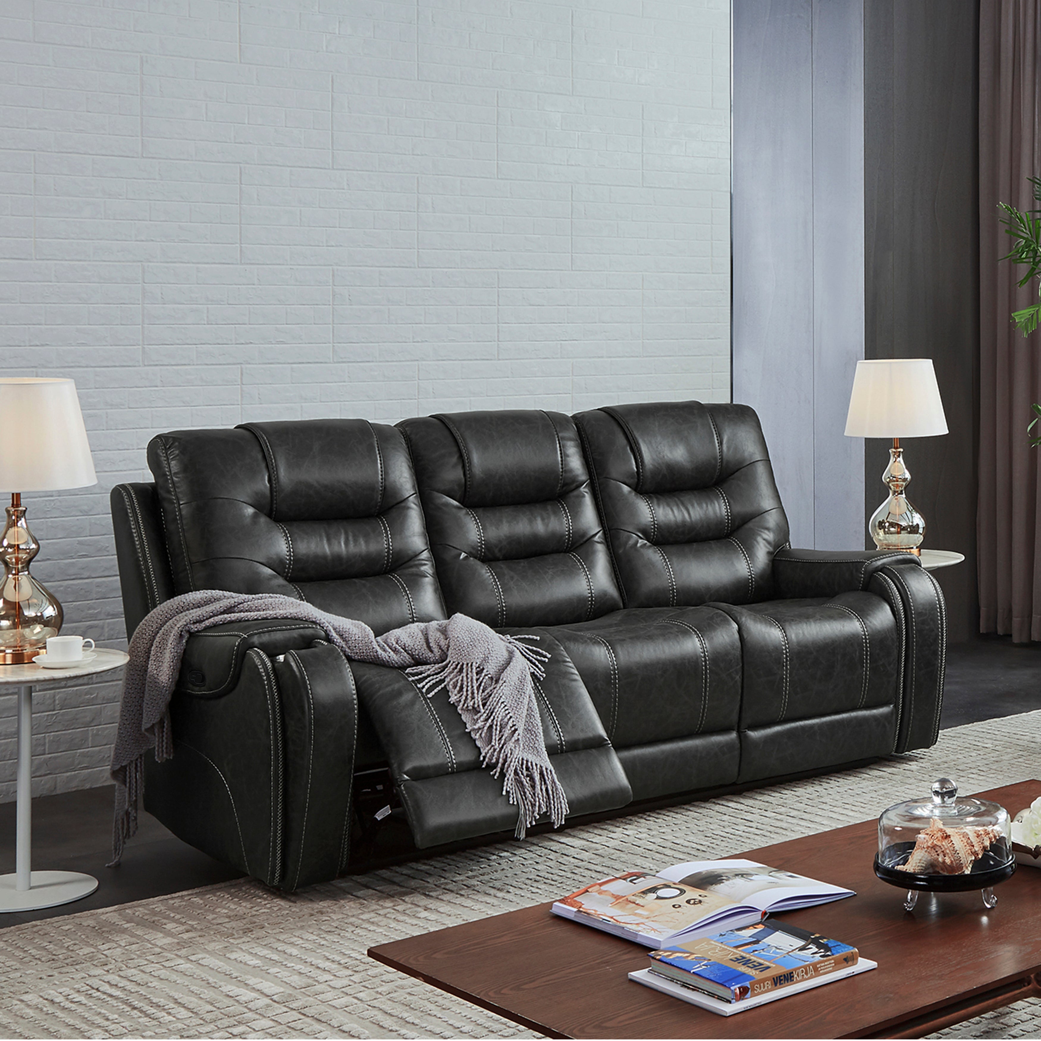 Rowena Modern Faux Leather Recliner Sofa with Cup Holders & USB Ports - Smoke Gray - Comfortable Living Room Furniture for Home Theater & Gaming Setup