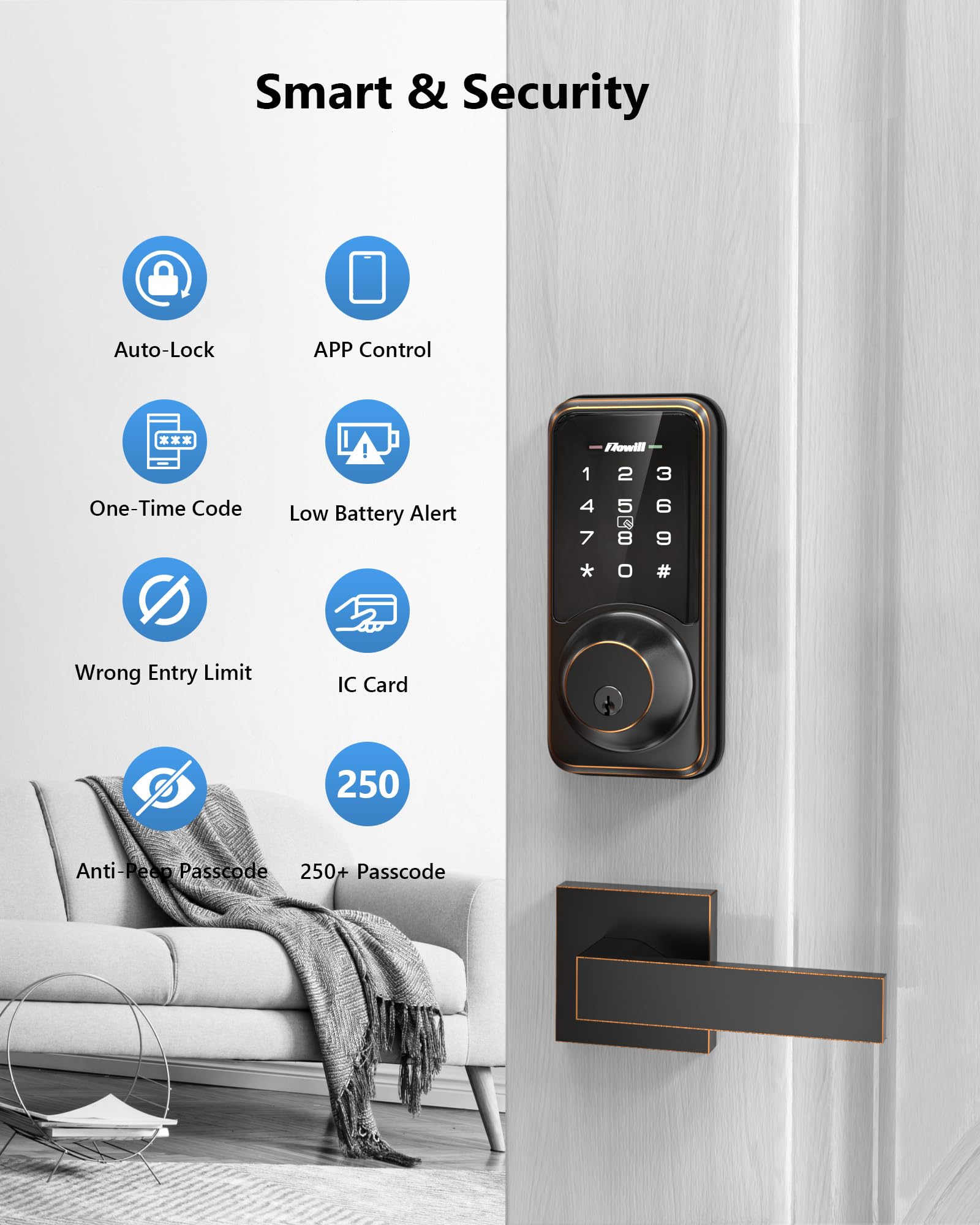 Zowill WiFi Smart Lock - Keyless Entry Door Lock with APP Control, Touchscreen Keypad, Auto-Lock Smart Deadbolt for Front Door - Home Security & Smart Home Automation (Includes G2 Gateway) - Perfect for Vacation Homes, Rentals & Smart Home Integration