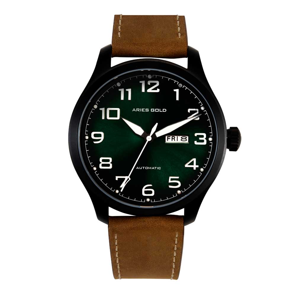 ARIES GOLD Automatic Men's Watch - Black Stainless Steel Case with Nude Leather Strap (Model G 9017 BK GN) | Waterproof & Durable for Business, Casual & Formal Occasions