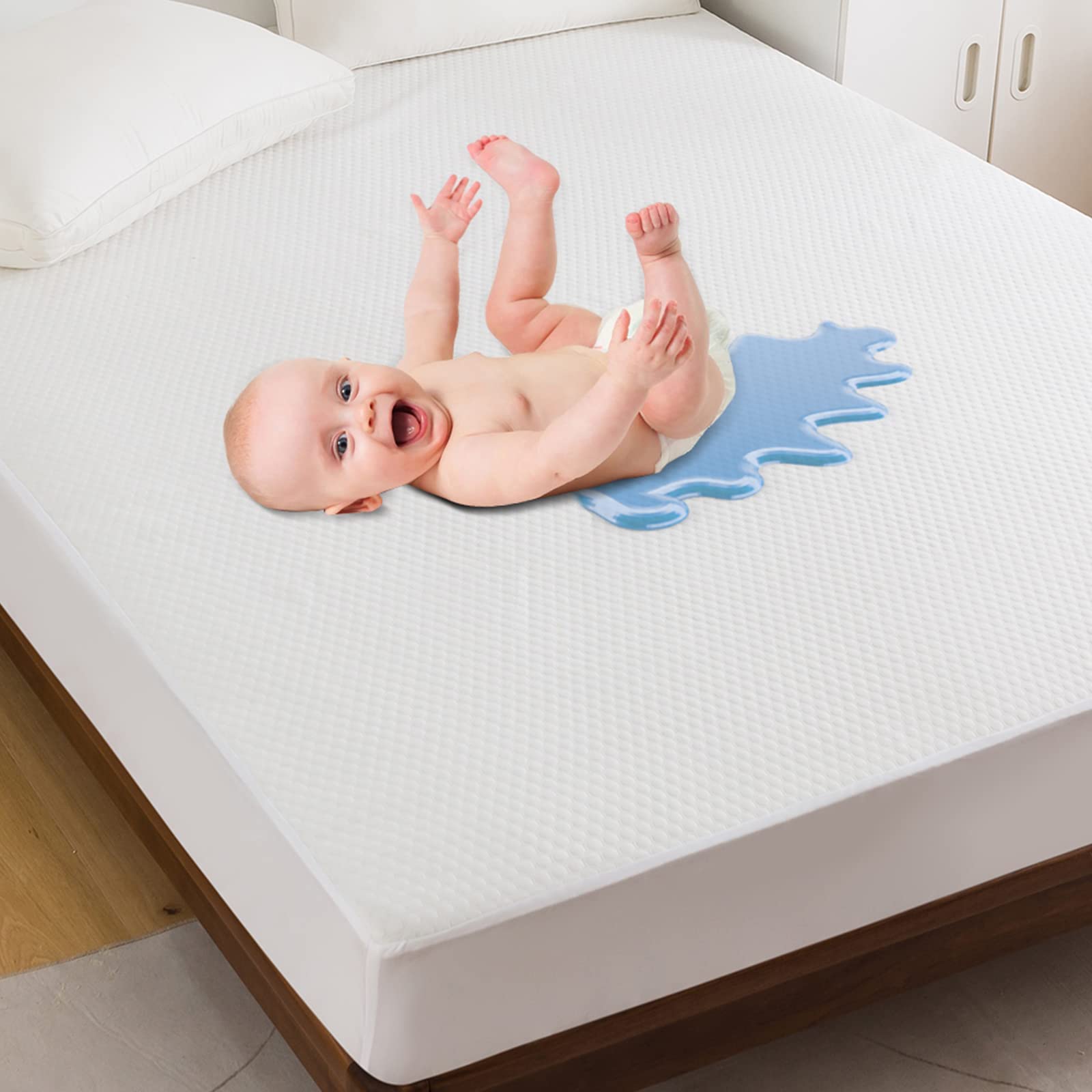 HENGWEI 100% Waterproof Queen Size Mattress Protector - Ultra Soft, Breathable, Noiseless, Dust Proof - 310 GSM Air Layer, Deep Pocket Fits Up to 18