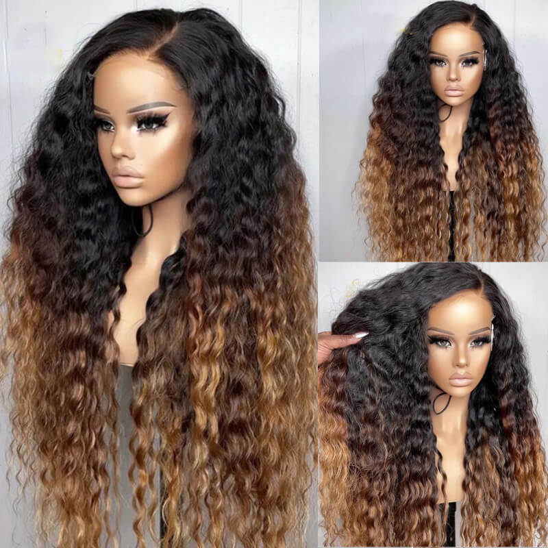 Eullair Ombre 1B/30 Brown Highlights Curly Human Hair Wig with 1B Roots Lace Frontal - Natural Look for Cosplay, Daily Wear & Special Occasions