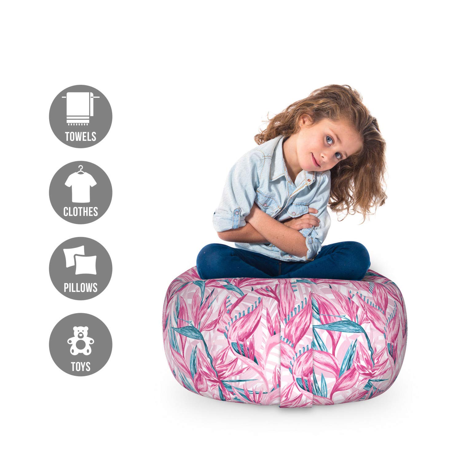 Ambesonne Floral Toy Storage Bag Chair - Tropical Island Flowers & Leaves Design, Washable Stuffed Animal Organizer, Small Size in Pink & Dark Turquoise - Perfect for Kids' Room, Nursery, or Playroom Organization