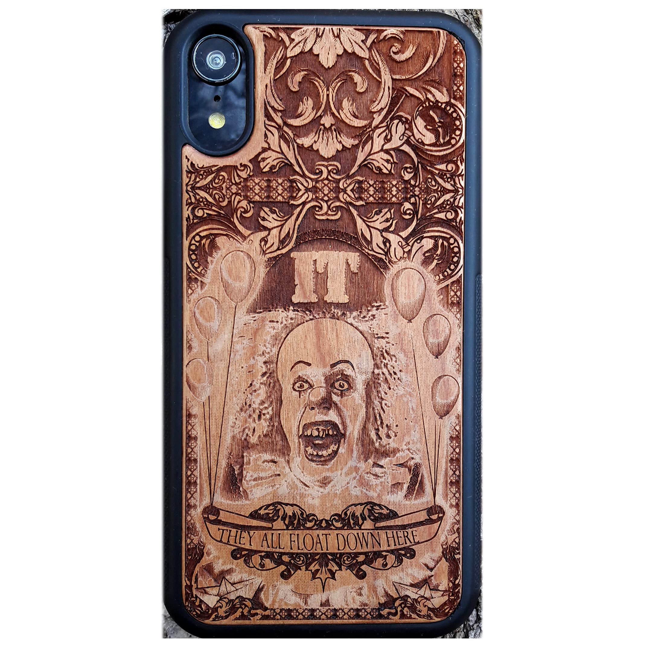 Horror Movie It Clown Laser Engraved Wooden Phone Case for iPhone 16/15/14/13/12/11 Pro Max/Mini & Galaxy S25/S24/S23/S22/S21/S20 Ultra Plus - Eco-Friendly Slim Durable Wood Cover - Perfect for Halloween, Horror Fans & Unique Gift Giving