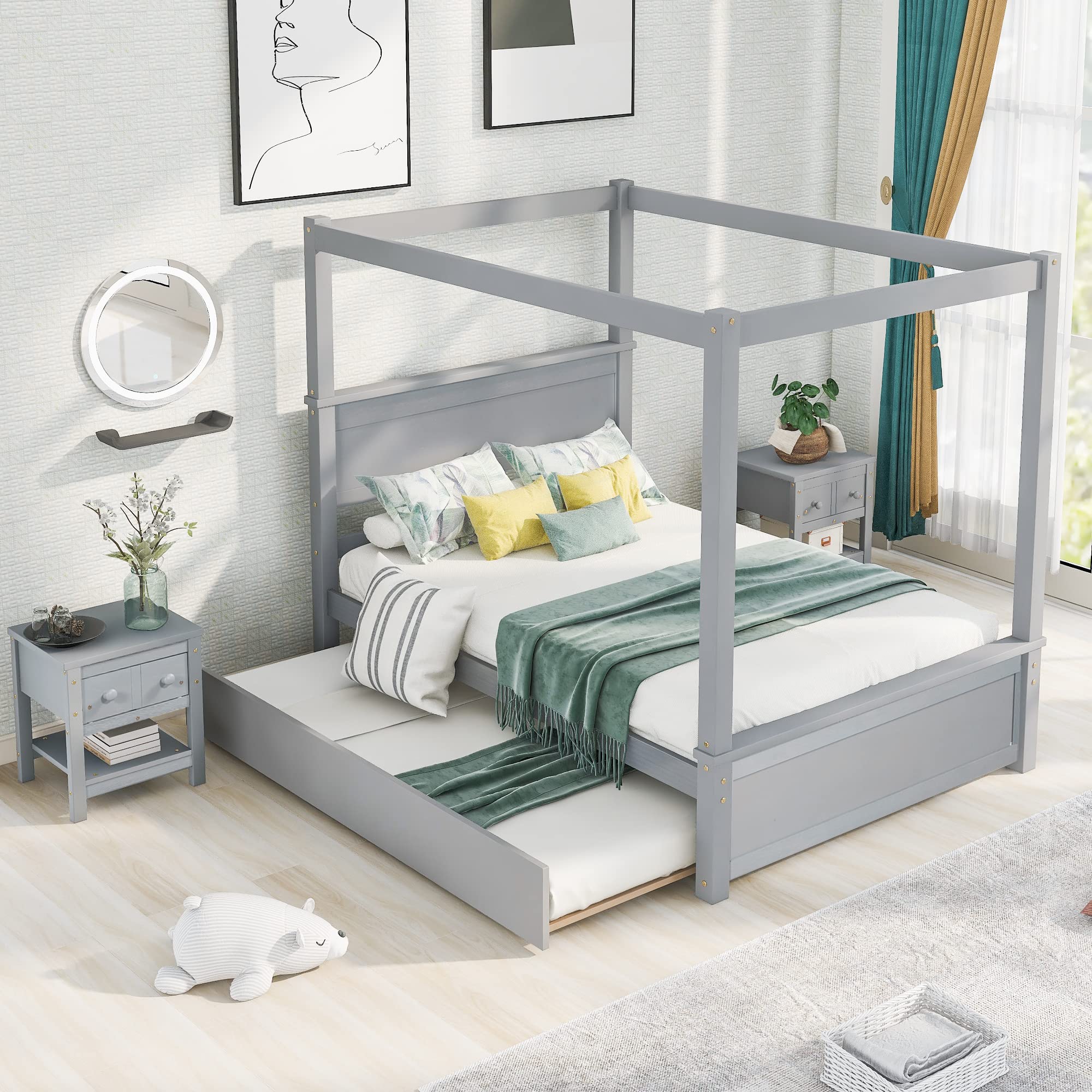 Harper & Bright Designs Full Size Canopy Platform Bed with Trundle - Solid Wood Bed Frame with 2 Nightstands, Noise Free No Box Spring Needed, Gray - Perfect for Small Bedrooms, Guest Rooms & Space-Saving Solutions
