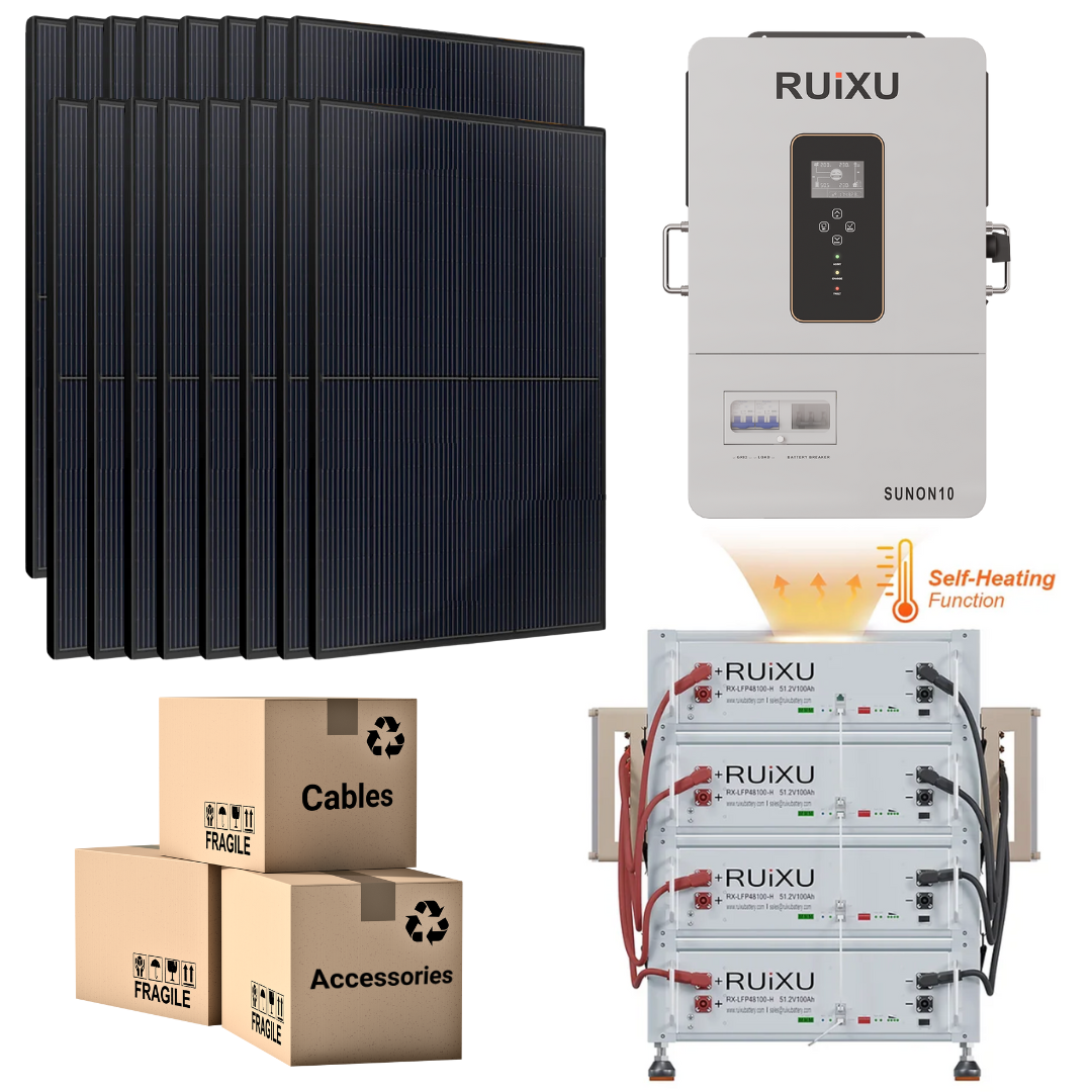 48V Solar Power Kit with Self-Heating Battery (10.24kWh/20.48kWh) + 10kW 120V/240V Hybrid Inverter + 410W Solar Panels | Off-Grid Home Backup, RV & Emergency Power Supply