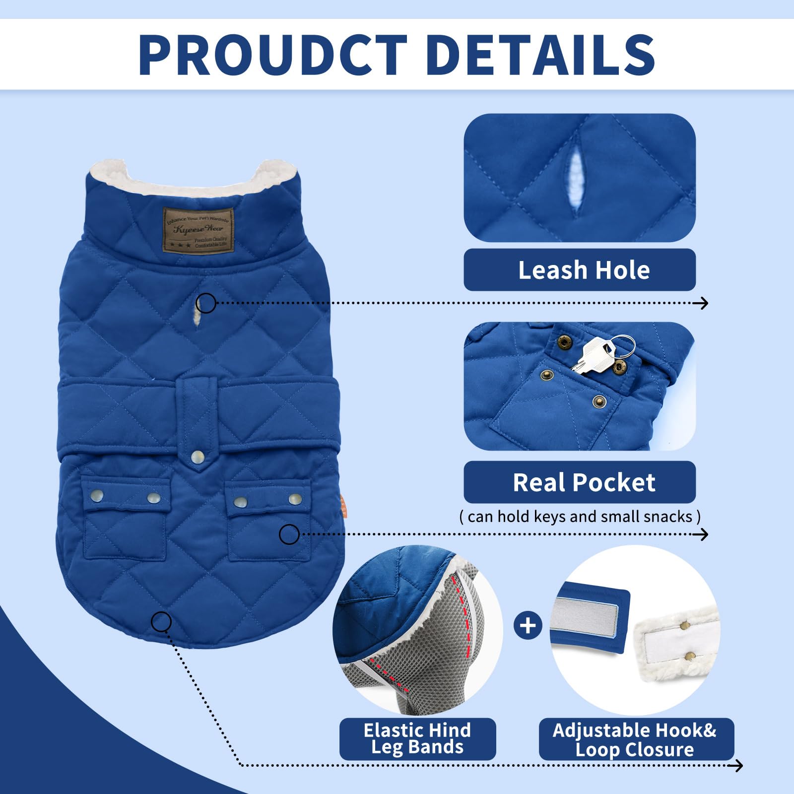 KYEESE Winter Dog Coat - Windproof Padded Sherpa Jacket with Furry Collar for Small Dogs | Warm Cozy Dog Clothes for Cold Weather | Perfect for Outdoor Walks, Winter Adventures & Daily Wear (Blue, Medium)