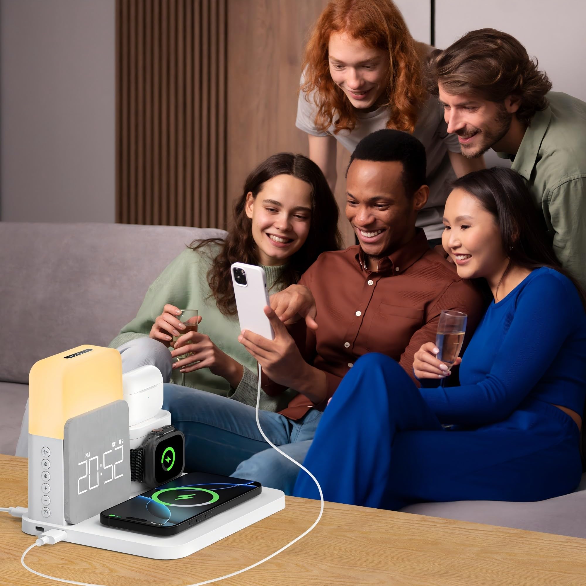 7-in-1 Wireless Charging Alarm Clock with MagSafe for iPhone 16/15/14/13/12 Pro Max - Bedside Charging Station with Night Light for Apple Watch & AirPods - Perfect for Bedroom, Office & Travel Use