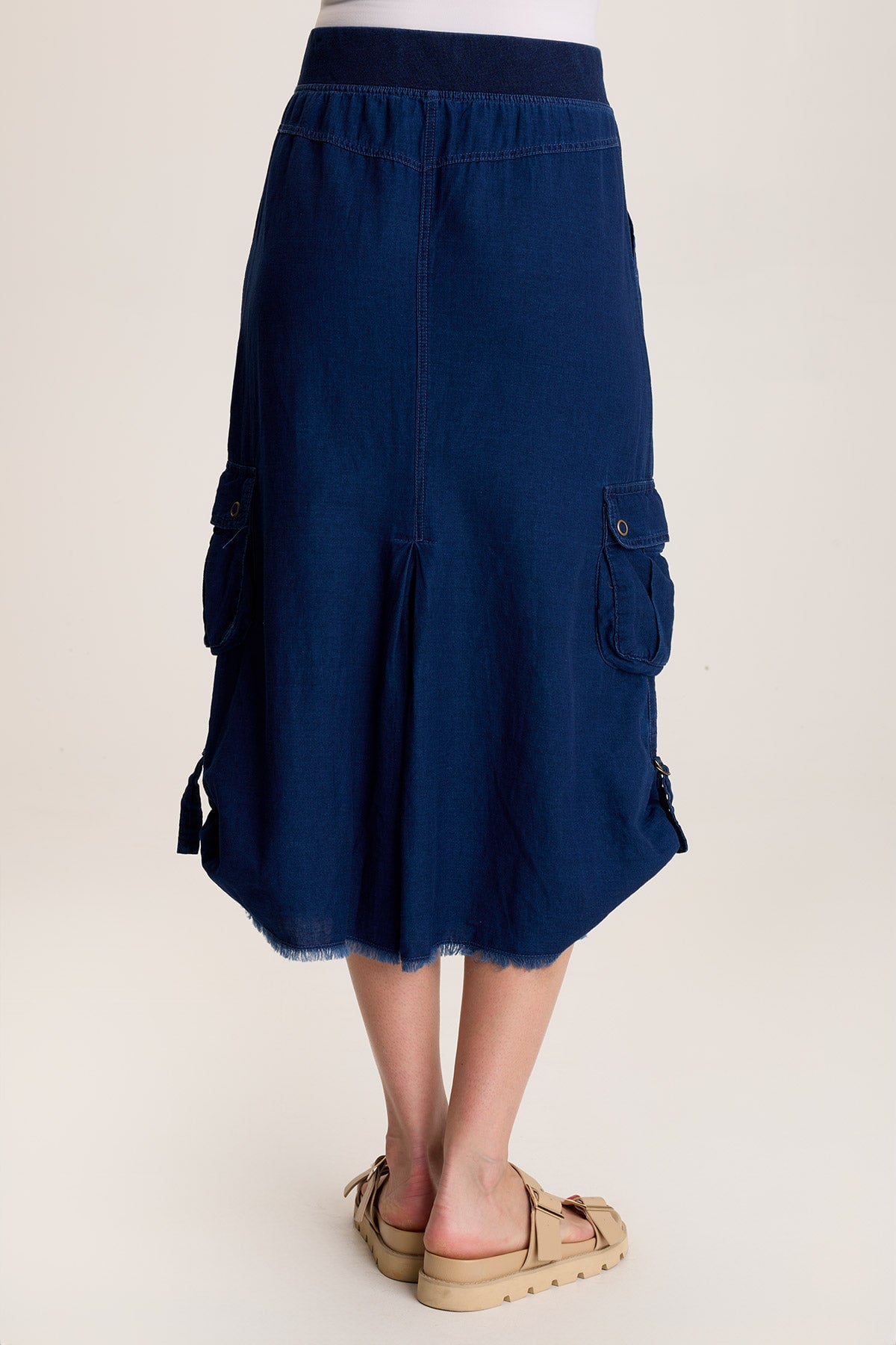 Chesney Mock Denim Cargo Midi Skirt for Women | Vintage Style Stretch Denim Skirt with Pockets | Perfect for Casual Outfits, Streetwear & Summer Fashion