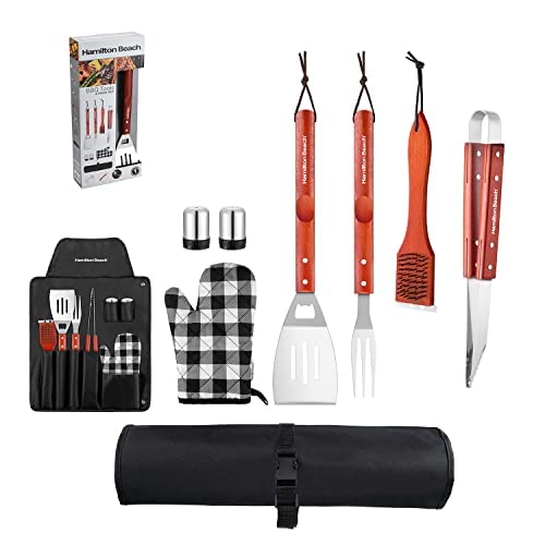 Hamilton Beach 8-Piece Stainless Steel BBQ Grill Tool Set - Heavy Duty Grill Utensils with Tong, Fork, Spatula, Grill Brush & Pepper Shaker - Perfect for Backyard Grilling, Camping & Outdoor Cooking (Includes Oxford Storage Bag & Glove)