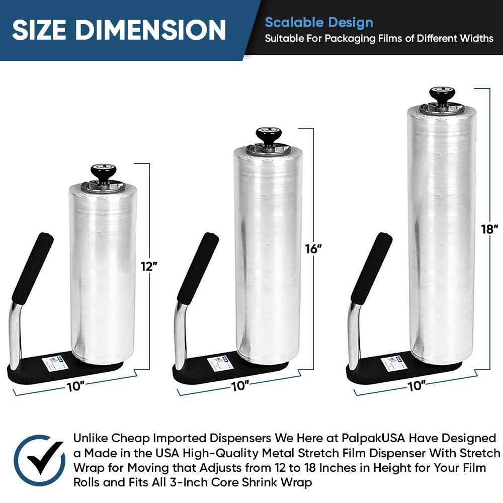 Industrial Strength Stretch Film Dispenser - Made in USA | Palpak100 Lightweight Pallet Wrapper with Tension Knob Adjustment | 3-Pack for Warehouse, Shipping & Logistics Packaging