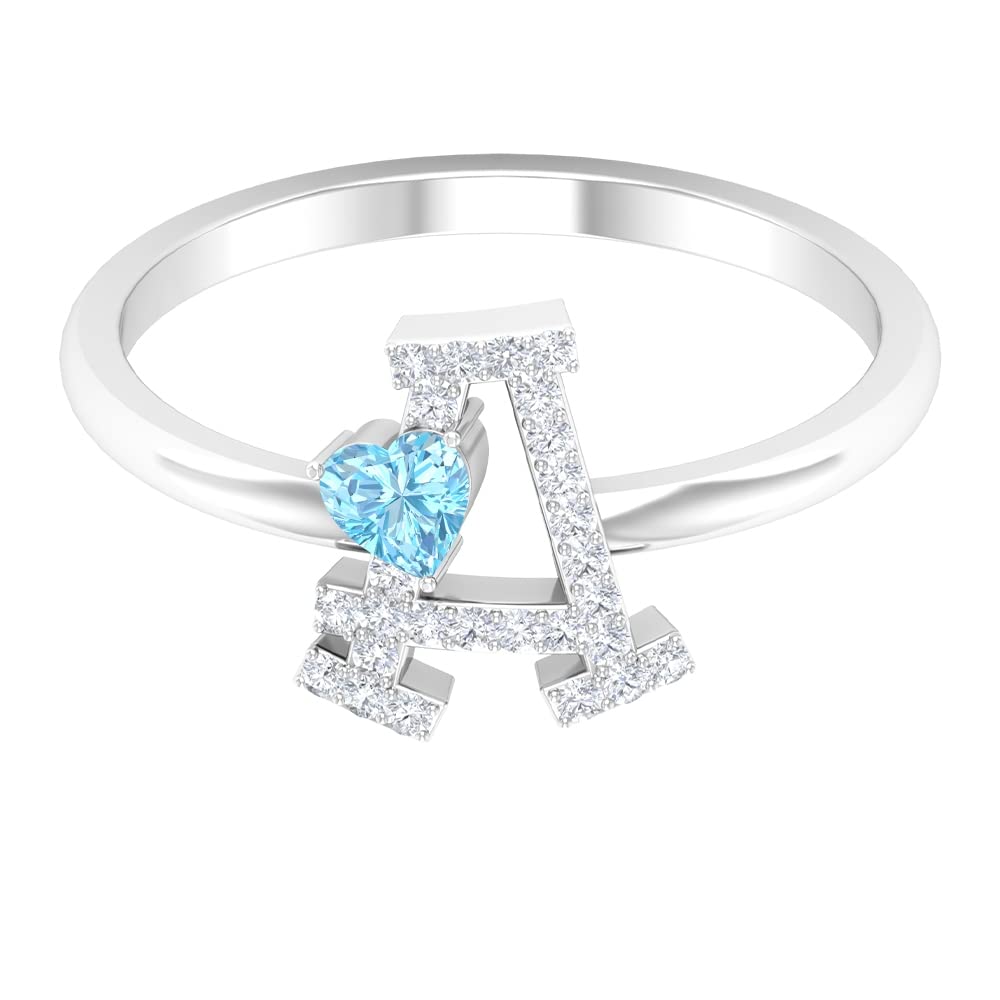Aquamarine and Diamond Initial Rings for Women - A to Z Alphabet Rings in 14K White Gold, Elegant Heart Design for Birthdays, Anniversaries & Gifts