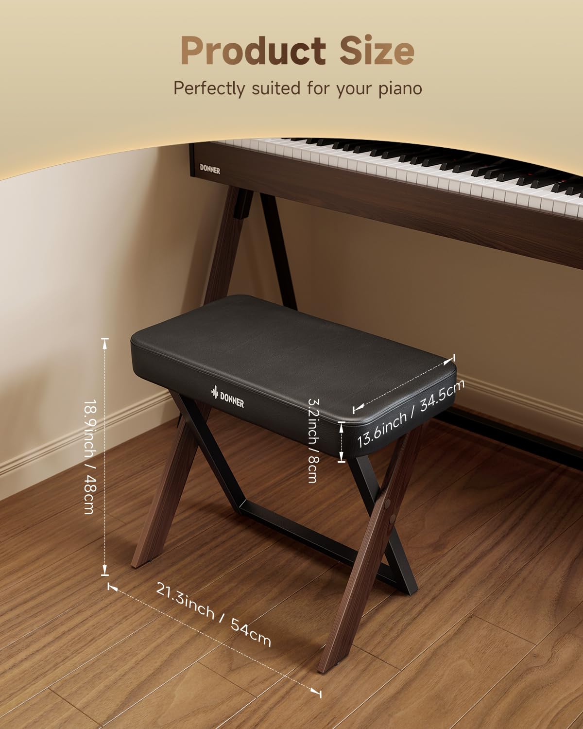 Donner DKB-300 Adjustable Piano Bench with Thick Padding - Sturdy Metal Keyboard Stool Chair with Comfortable Cushion in Walnut Wood Finish - Perfect for Home, Studio & Music Practice Sessions