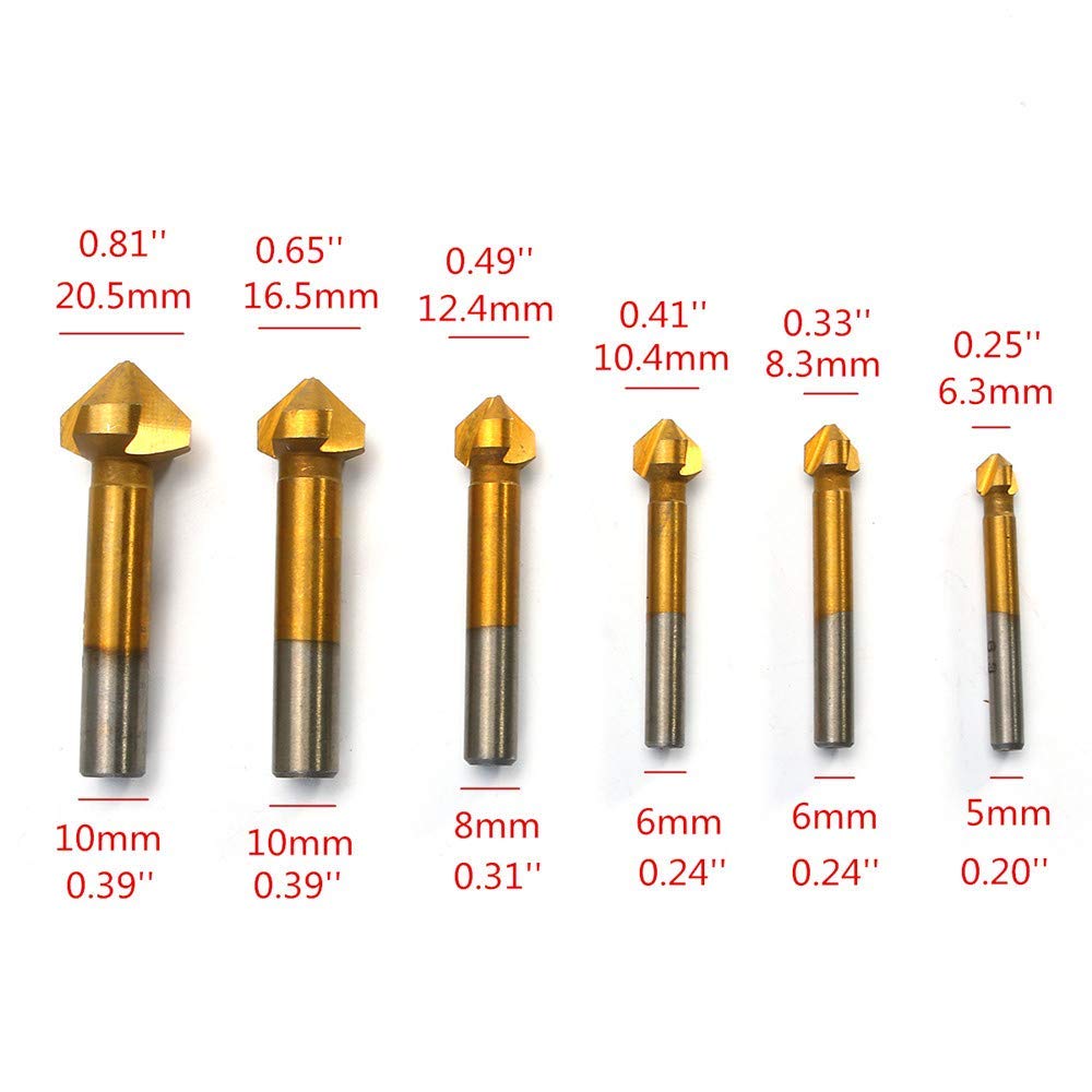 6-Piece Titanium 3 Flute 90 Degree Chamfer End Mill Cutter Set - Countersink Drill Bits for Metal, Wood & Plastic - Perfect for CNC Milling, DIY Projects & Professional Machining