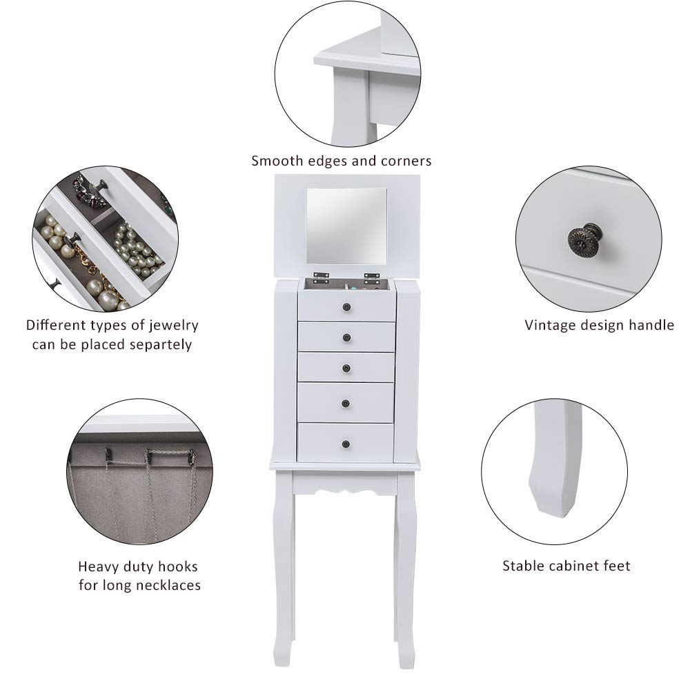Standing Jewelry Armoire with Mirror & Top Storage Organizer - Jewelry Cabinet Chest with 2 Side Drawers for Bedroom, Closet & Dressing Room Organization