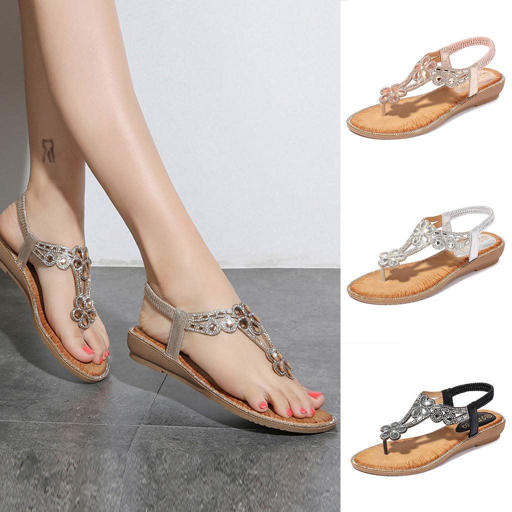 Women's Bohemian Rhinestone Pearl Thong Sandals - Gladiator Flat Open Toe Dress Sandals for Summer Beach Wedding Party | Comfortable Stylish Casual & Formal Wear