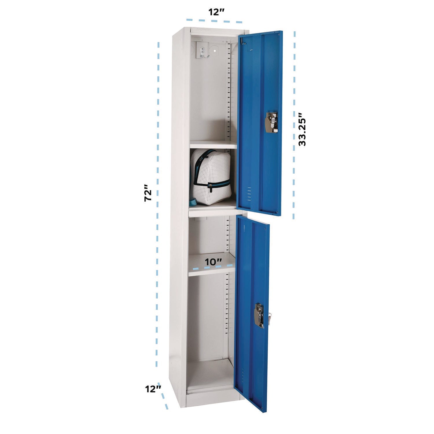 Steel Storage Locker with 2 Compartments - 12x12x72 Inches, Blue - Heavy-Duty School, Gym & Office Locker for Secure Storage
