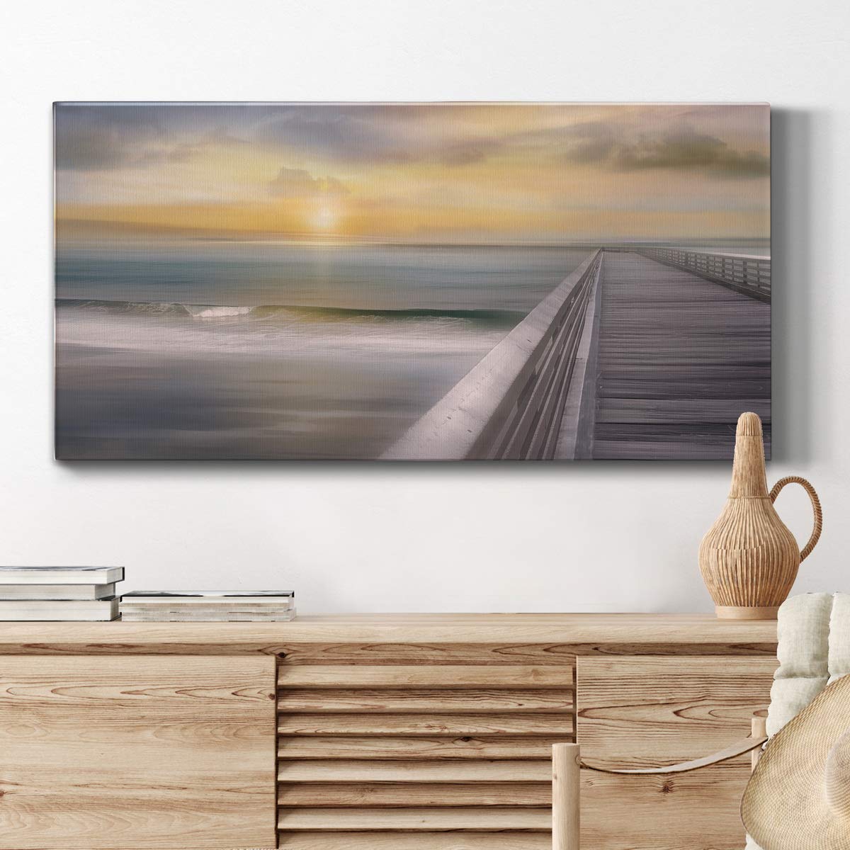 Modern Ocean Sunset Canvas Wall Art - Blue Beach Landscape Print for Living Room, Bedroom, Bathroom & Office Decor - Ready to Hang 24x48 Inches - Perfect for Coastal, Boho & Minimalist Home Styling