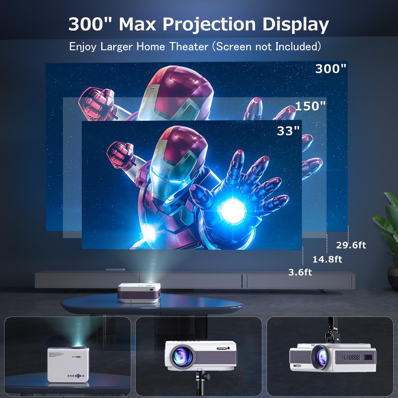 FUDONI 5G WiFi Bluetooth Projector 1080P Full HD 15000L Lumens Portable Outdoor Movie Projector with 4K Support, Keystone & Zoom - Compatible with iOS, Android, Laptop, TV Stick, HDMI, USB, VGA, TF - Perfect for Home Theater, Backyard Movies, Gaming, and Presentations