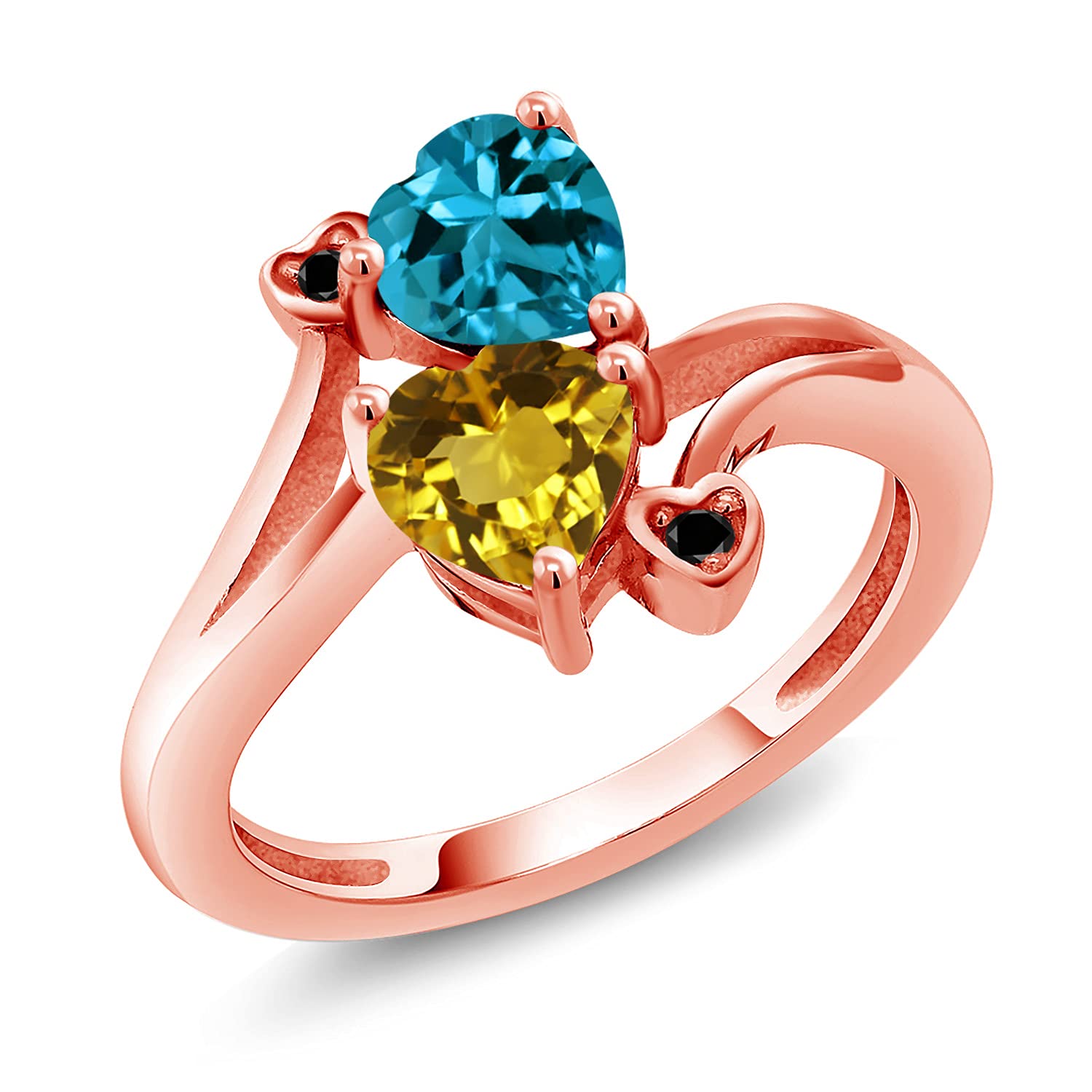 1.63 Ct London Blue Topaz & Yellow Citrine 18K Rose Gold Plated Silver Ring with Black Diamonds | Gem Stone King | Elegant Wedding, Engagement & Anniversary Jewelry Gift for Women