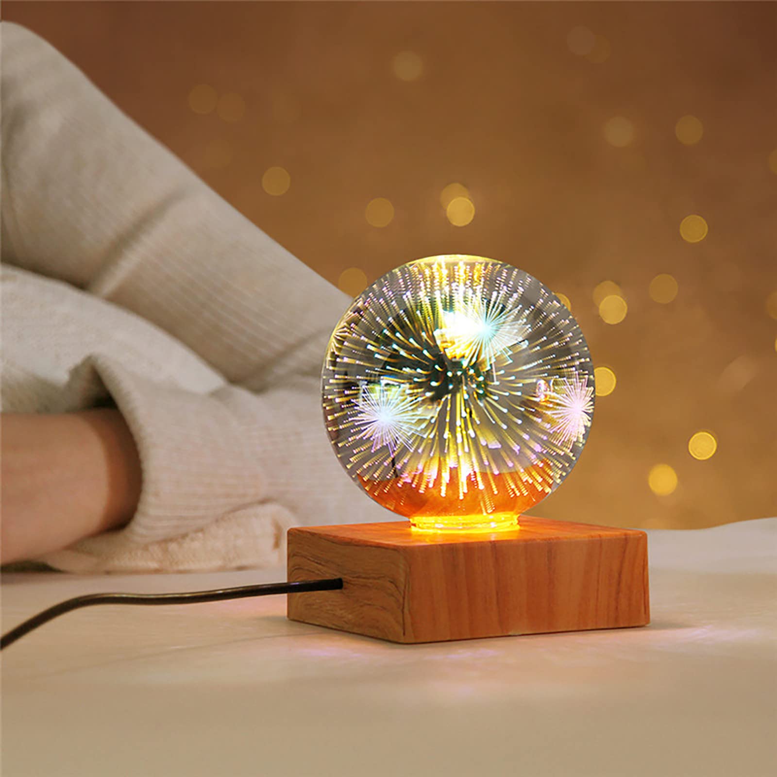 3D LED Firework Night Light - Colorful Atmosphere Desk Lamp with Magic Crystal Glass Ball & Wood Base - Decorative Tabletop Lighting for Living Room, Bedroom, Home Decor - Perfect Gift for Holidays & Romantic Nights