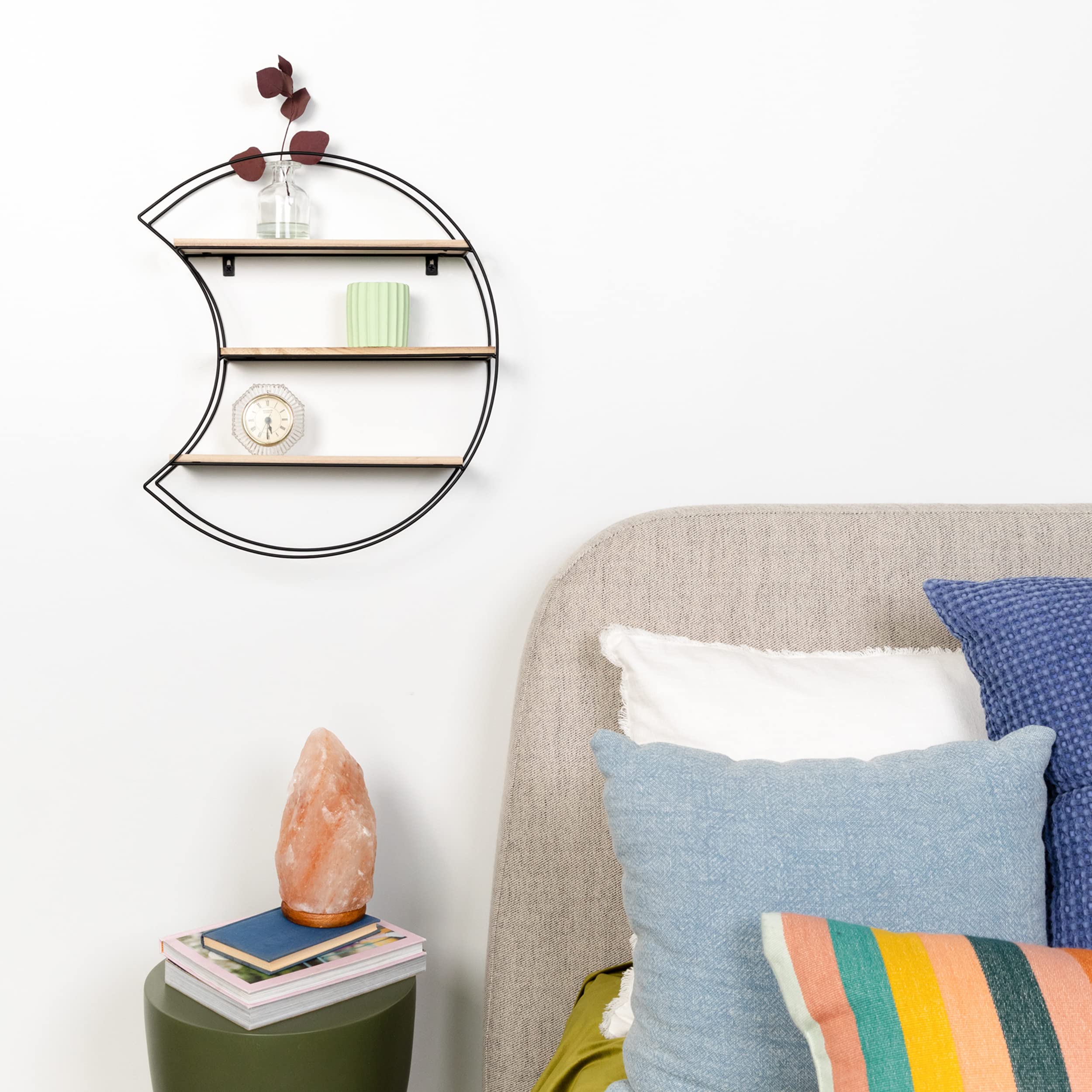 Greenco Geometric Moon Shaped Floating Wall Shelf - Rustic Wood & Metal Wire Home Decor Storage - Perfect for Bedroom, Living Room, Bathroom, Kitchen & Office - Natural Finish | Ideal for Displaying Books, Plants & Decorative Items in Small Spaces