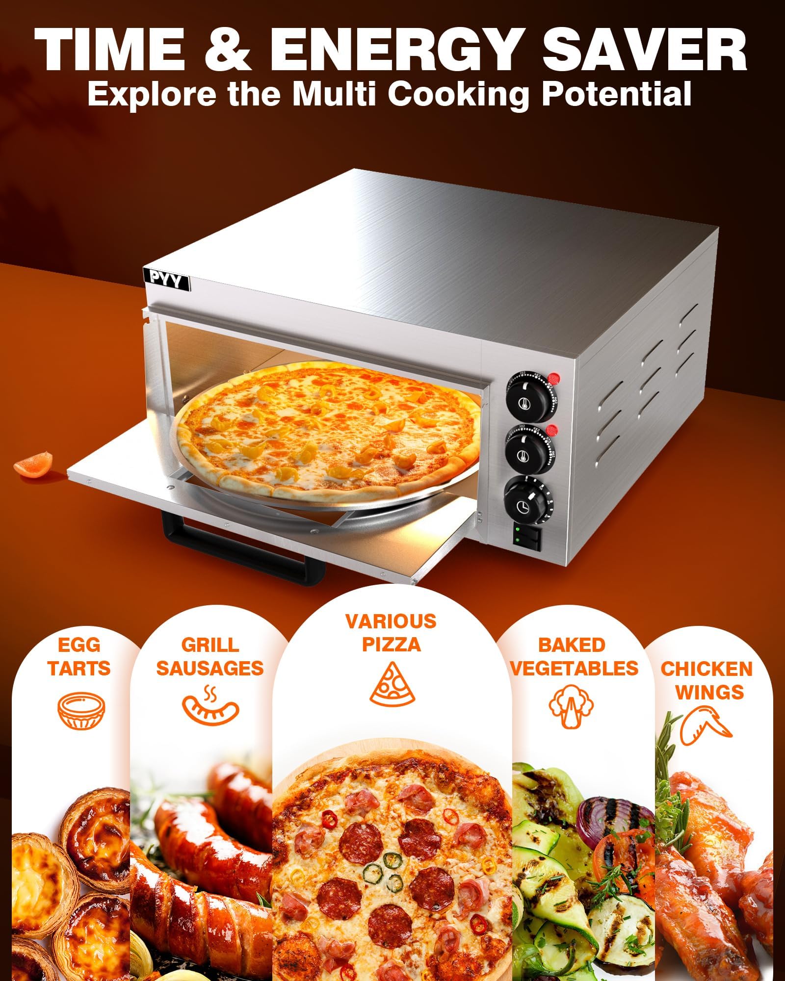 PYY 1800W Electric Pizza Oven with Visual Window - Countertop Indoor Pizza Maker, Commercial Pizza Cooker with Pizza Stone & Timer for Home, Restaurant & Outdoor Use