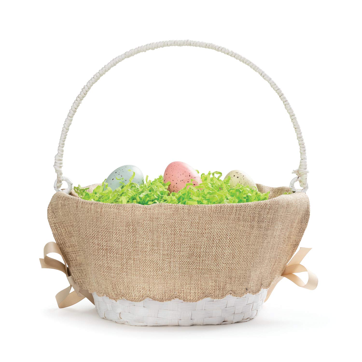 Personalized Easter Egg Basket with Handle - Custom Name in White Script | Scallop Edge Burlap Liner | White Woven Basket for Kids & Adults | Perfect for Easter Egg Hunts, Gift Giving & Spring Decor