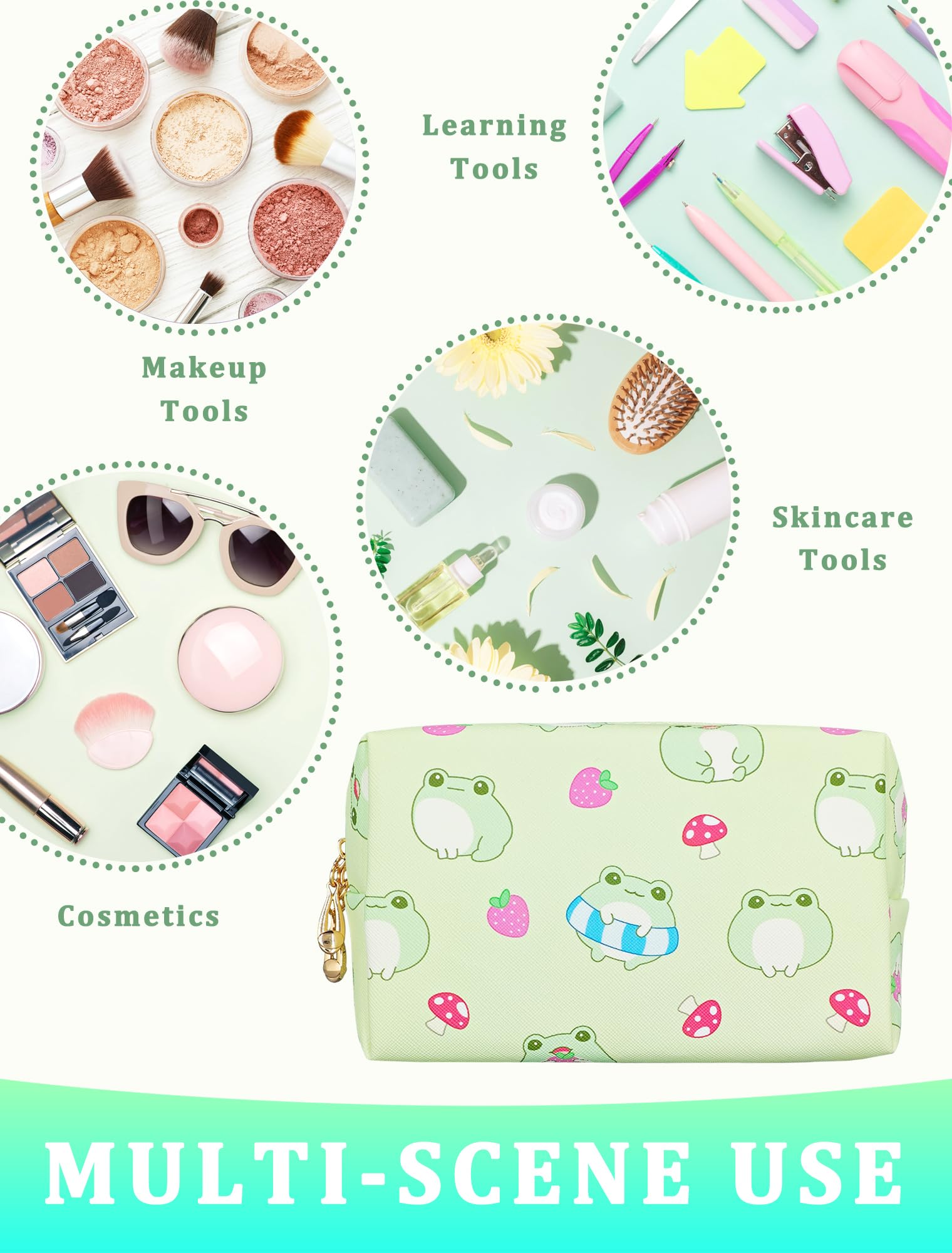Cute Kawaii Green Makeup Bag for Women - Small Travel Cosmetic & Toiletry Organizer - Perfect for Daily Essentials, Gym, Vacation & Weekend Getaways