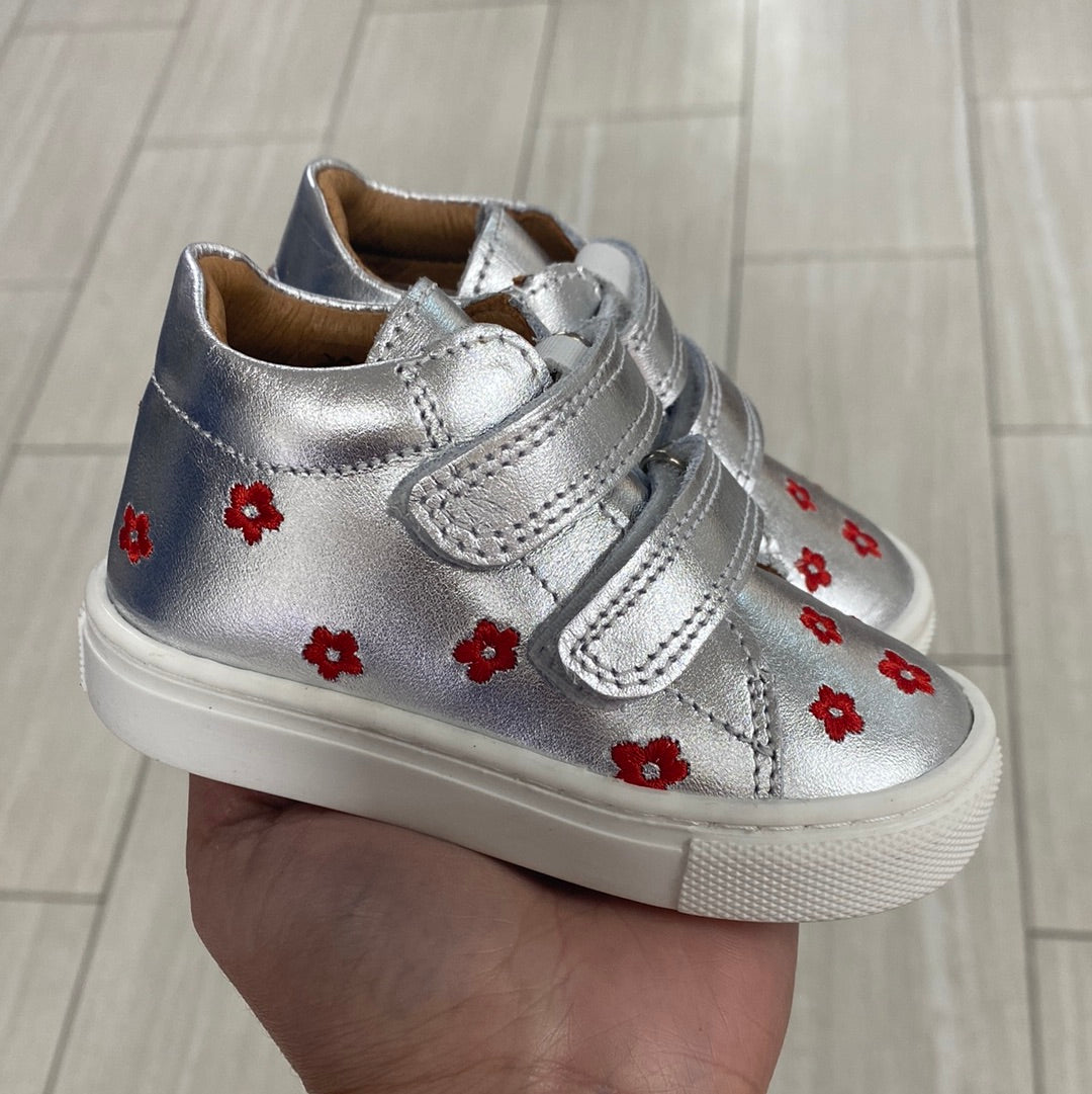 Atlanta Moccasin Silver & Red Floral Baby Sneakers - Comfortable First Walkers for Infants & Toddlers | Perfect for Outdoor Play, Special Occasions & Photo Shoots