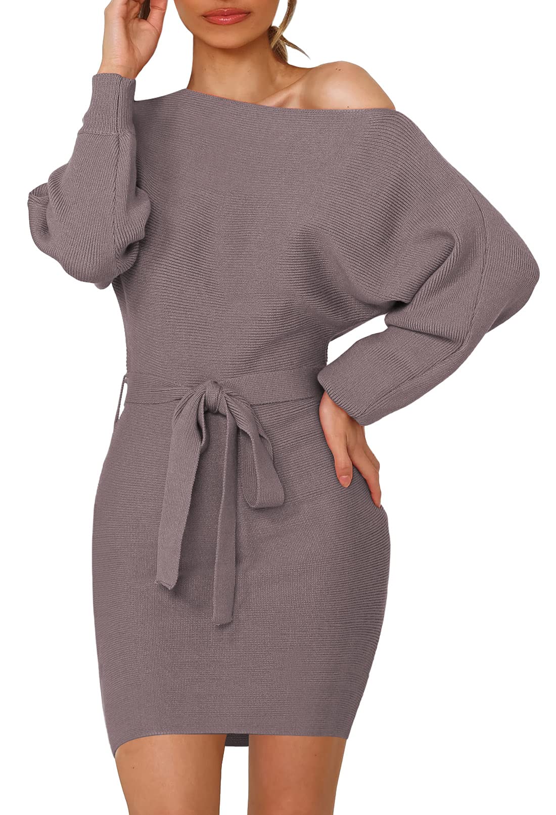 Linsery Women's One Shoulder Knitted Mini Dress - Tie Waist Lantern Sleeve Sweater Pencil Dress for Party, Date Night & Cocktail Events | Sexy Bodycon Outfit for Women