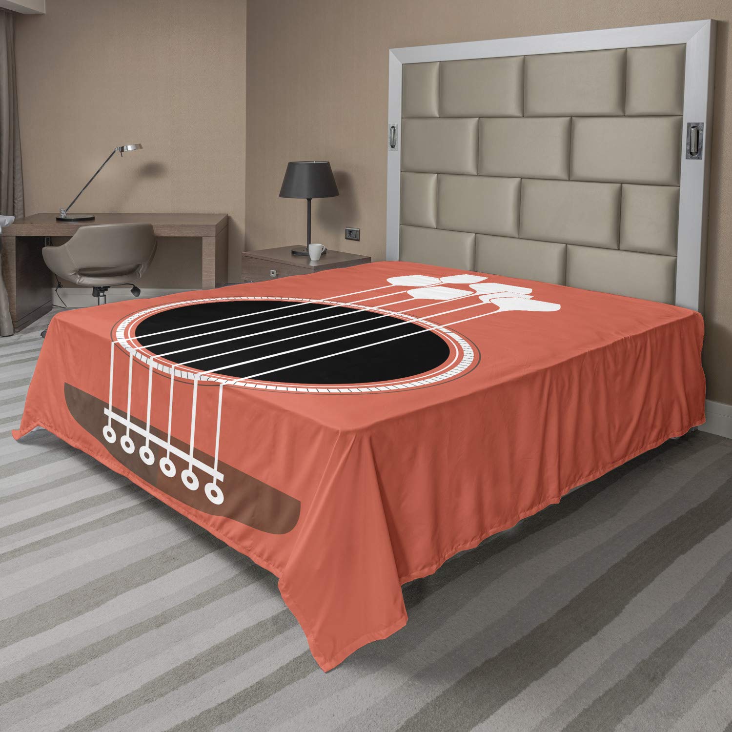 Ambesonne Queen Size Flat Sheet - Soft & Comfortable Acoustic Guitar Design with Wine Glasses Musical Theme - Salmon White Decorative Bedding for Bedroom, Guest Room, or Dorm - Perfect for Music Lovers & Guitar Enthusiasts