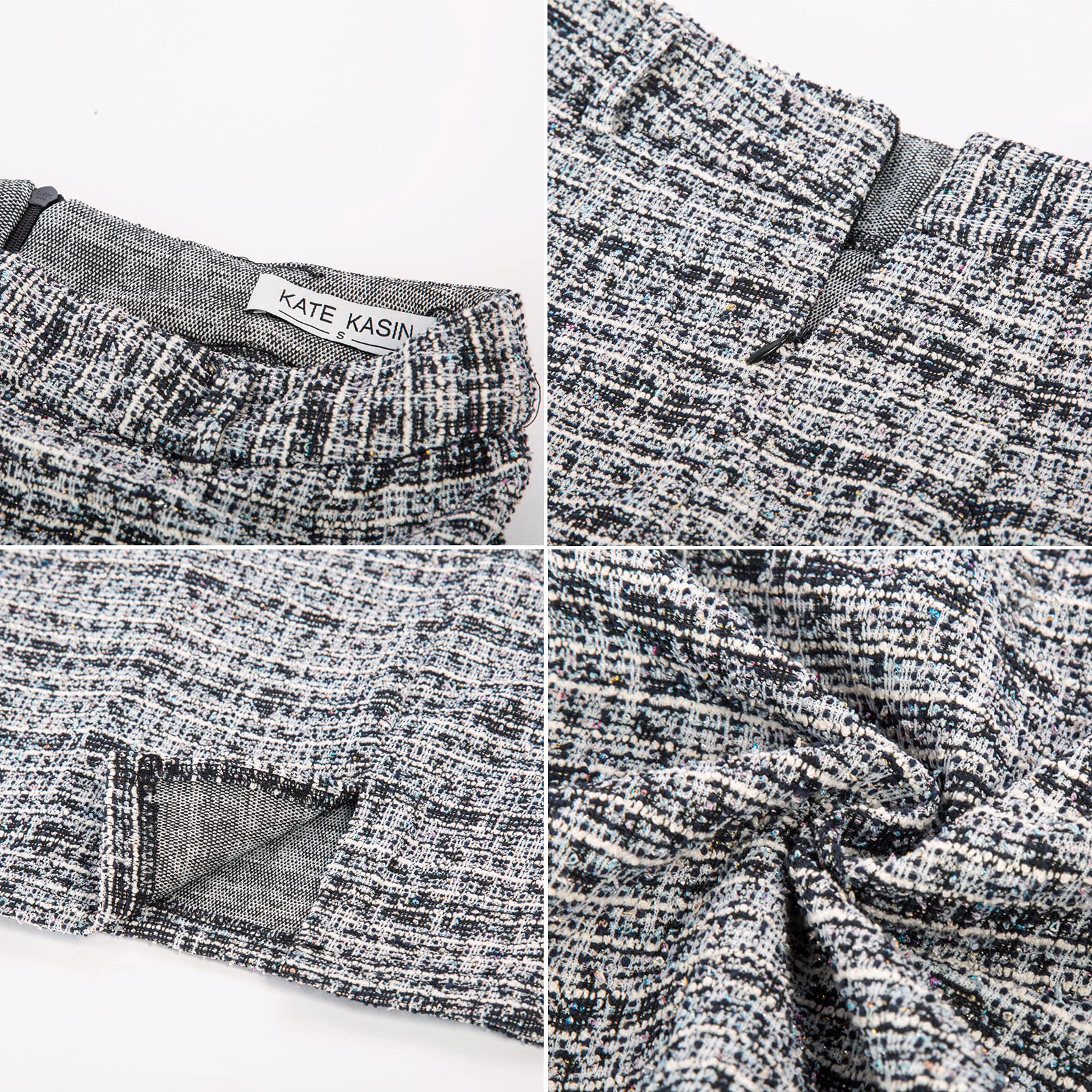 Kate Kasin Women's Tweed Pencil Skirt - Knee-Length Stretch Office Skirt with Belt & Side Slit | Elegant Workwear for Business, Cocktail Parties & Professional Occasions