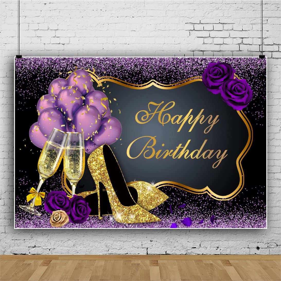 Leyiyi 7x5ft Happy Birthday Photo Backdrop - Purple & Black Balloon Champagne Rose Gold Heels Glitter Photography Background for Women, Girls, Mother's Day Decor - Perfect for Birthday Parties, Baby Showers & Photo Shoots