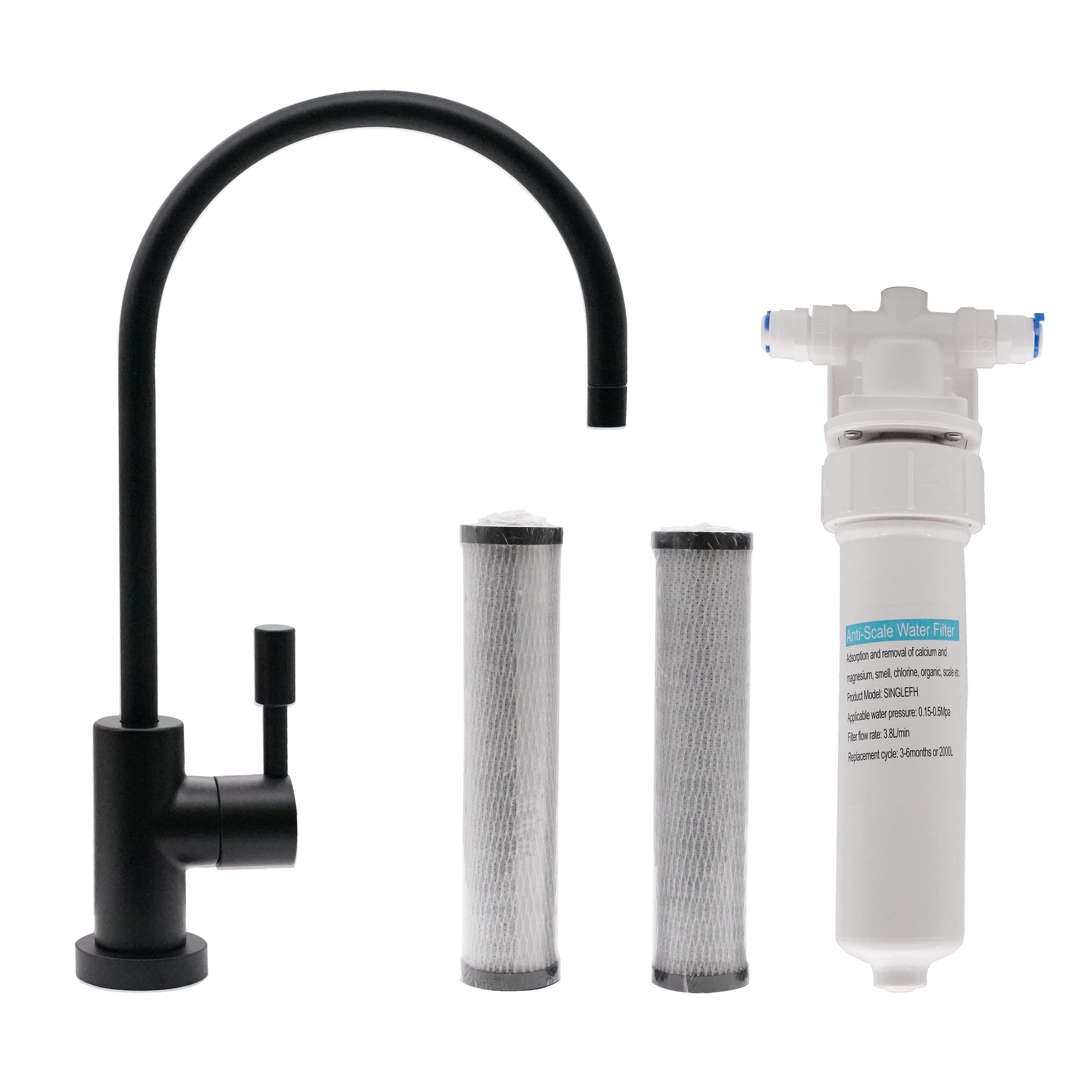 Westbrass CO131-62 11-Inch Modern Single Lever Cold Water Dispenser Faucet Kit with Under Sink Inline Filter & 2 Replacement Cartridges - Matte Black - Perfect for Kitchen Sink, Office Water Station & Home Bar Setup