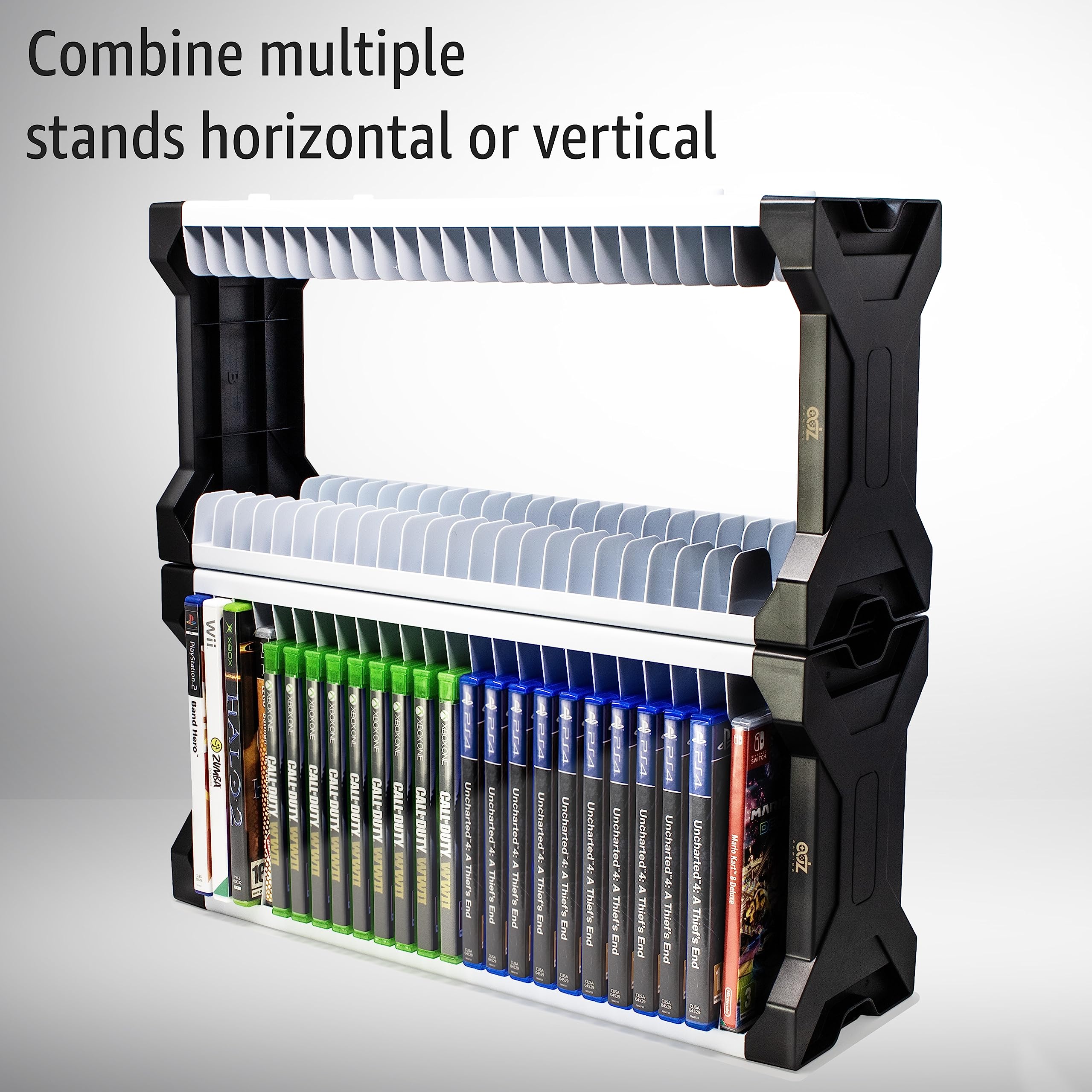 Universal Game Holder & Storage Tower - 23 Game Rack for PS2, PS3, PS4, PS5, PSP, Xbox 360, Xbox One, Series X, Wii & Switch Games | DVD & Blu-Ray Disc Organizer with 2 Controller Mounts | Perfect for Gaming Setup & Media Organization
